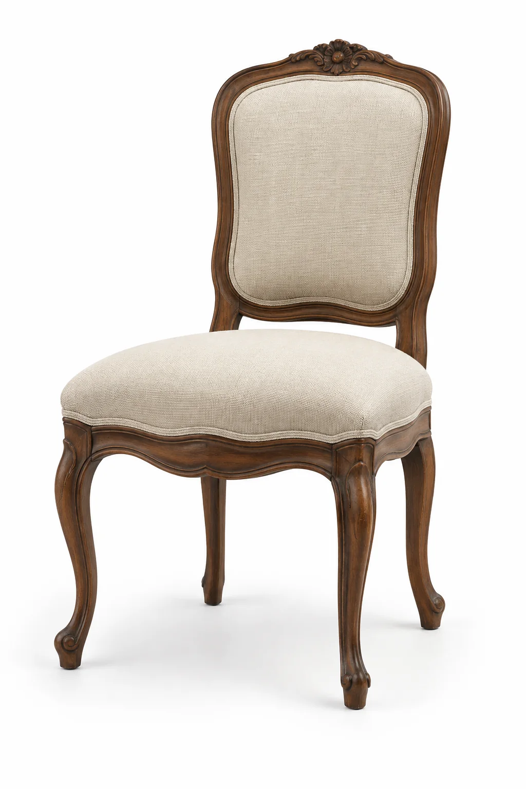 French provincial dining chair with a carved walnut frame and cream seat