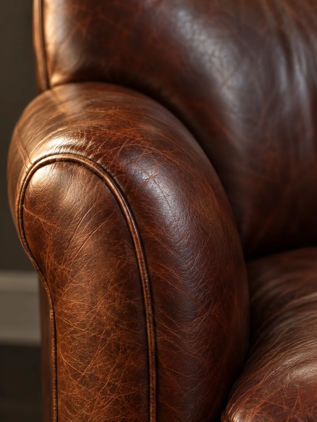 Close-up of full-grain leather on a club chair