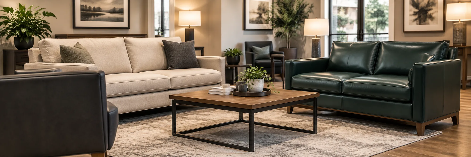 Cream fabric sofa and green leather loveseat in a furnished unit