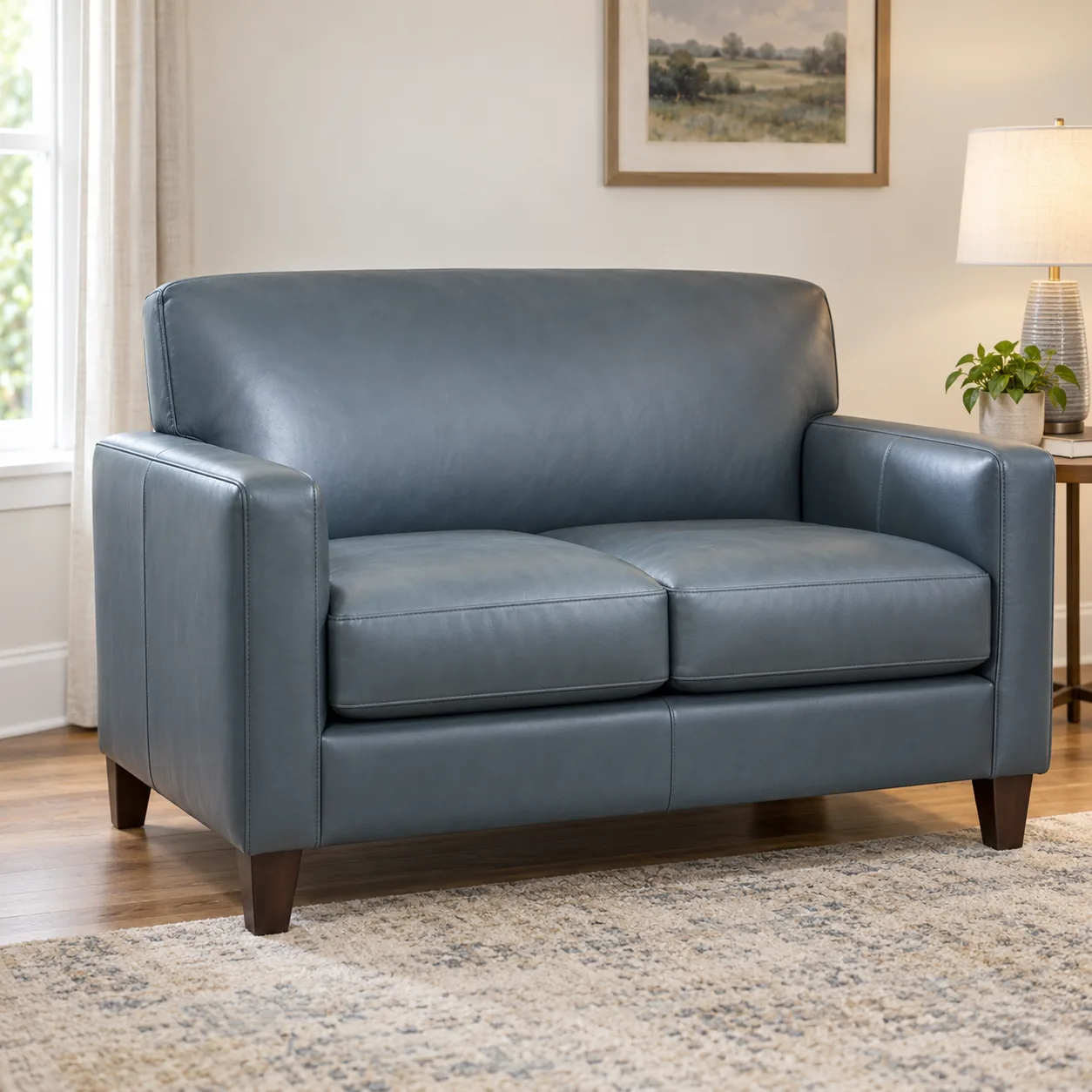 Blue-gray leather loveseat from a furnished rental unit