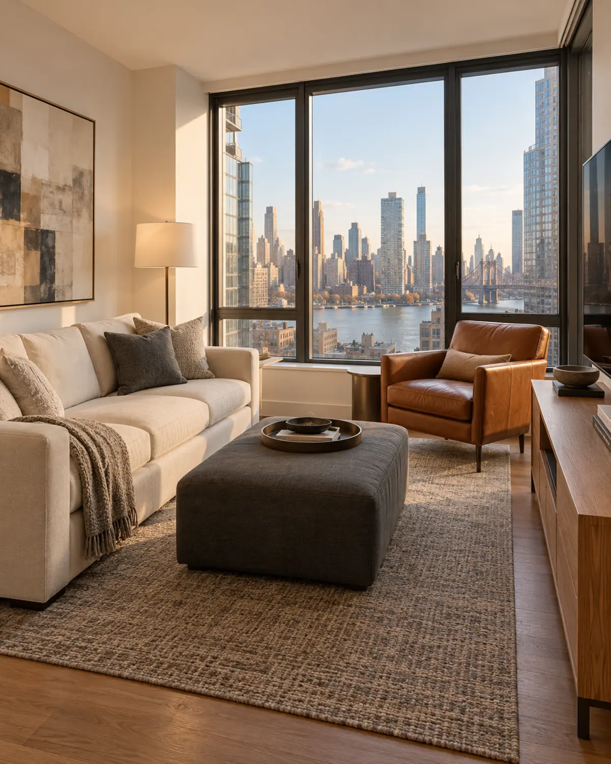 A bright furnished unit living room with a cream sofa and cognac chair
