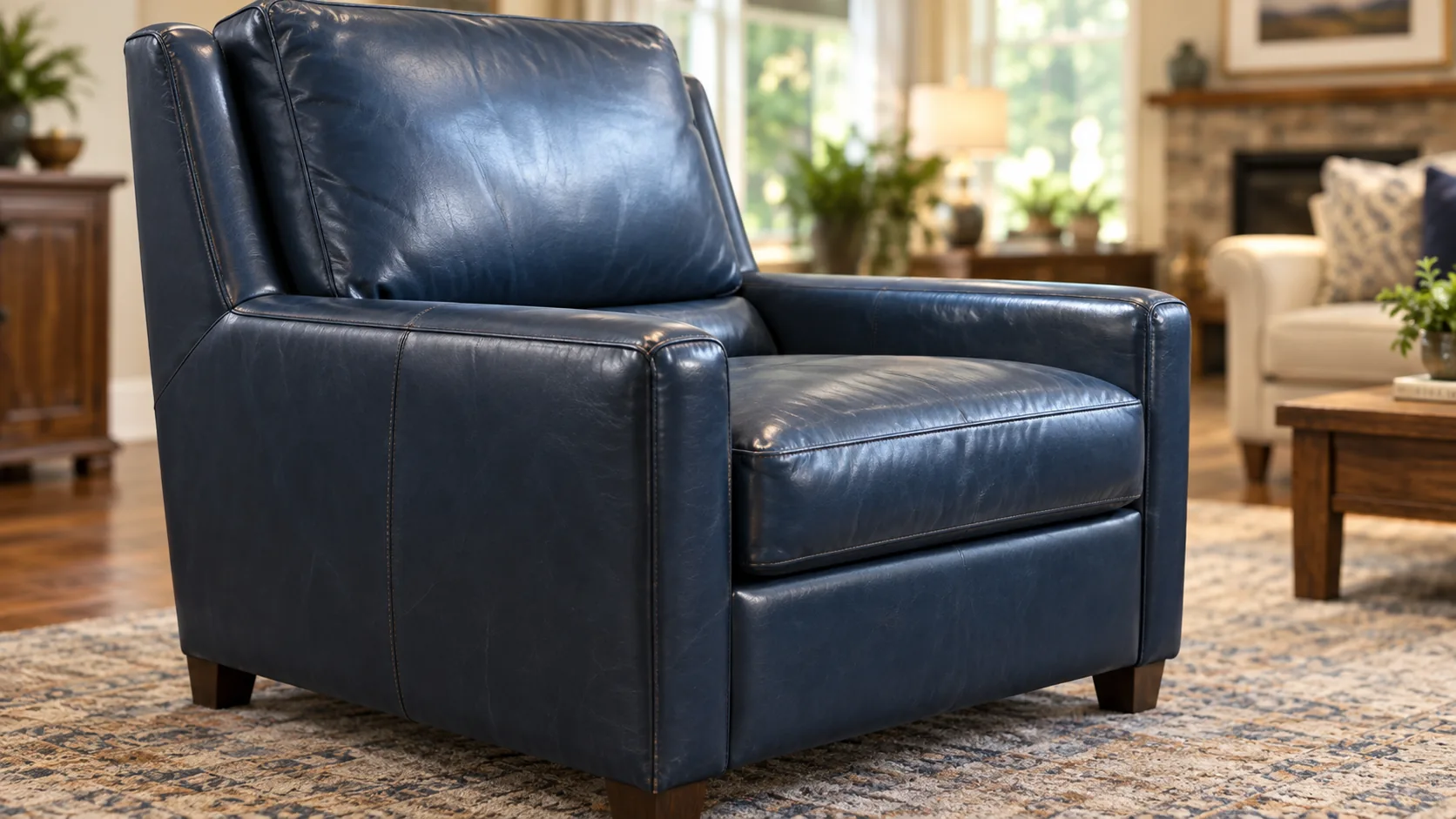 Navy leather armchair in a furnished rental unit