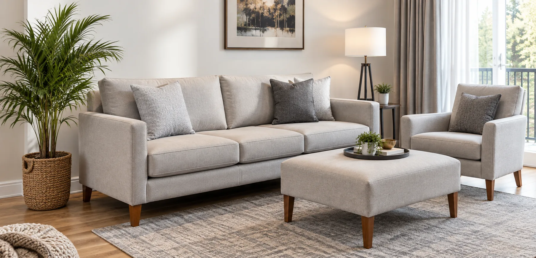 Furnished unit living room with a fabric sofa, armchair and ottoman