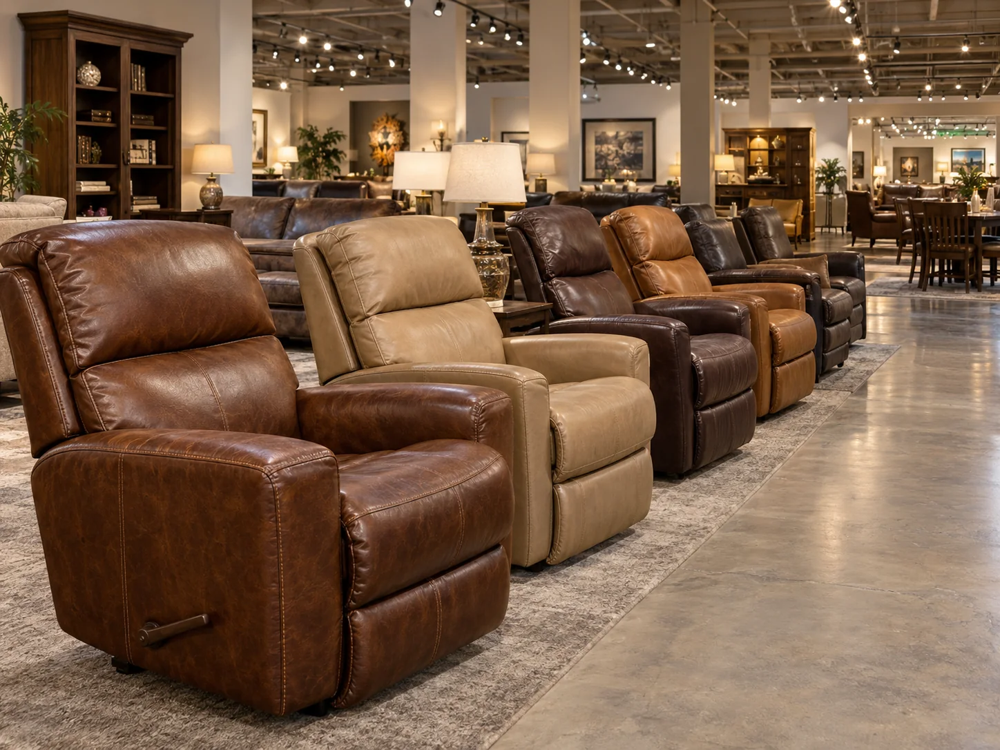 Leather recliners on display in a furniture chain store