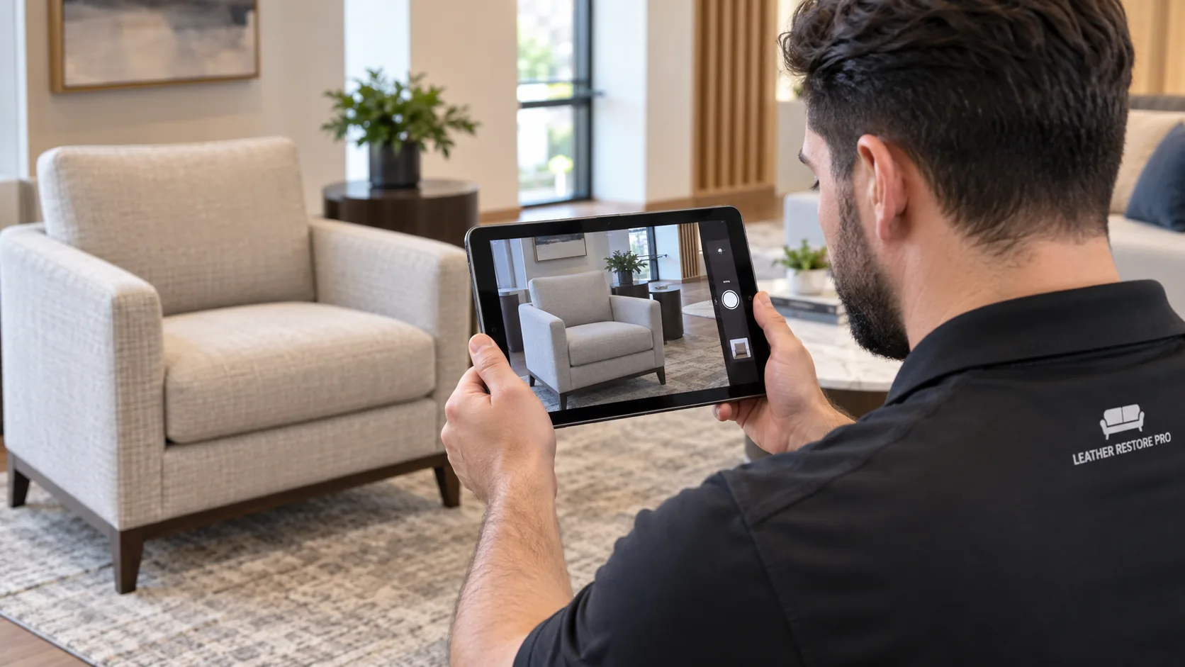 A technician photographing an armchair on a tablet to record its condition on arrival