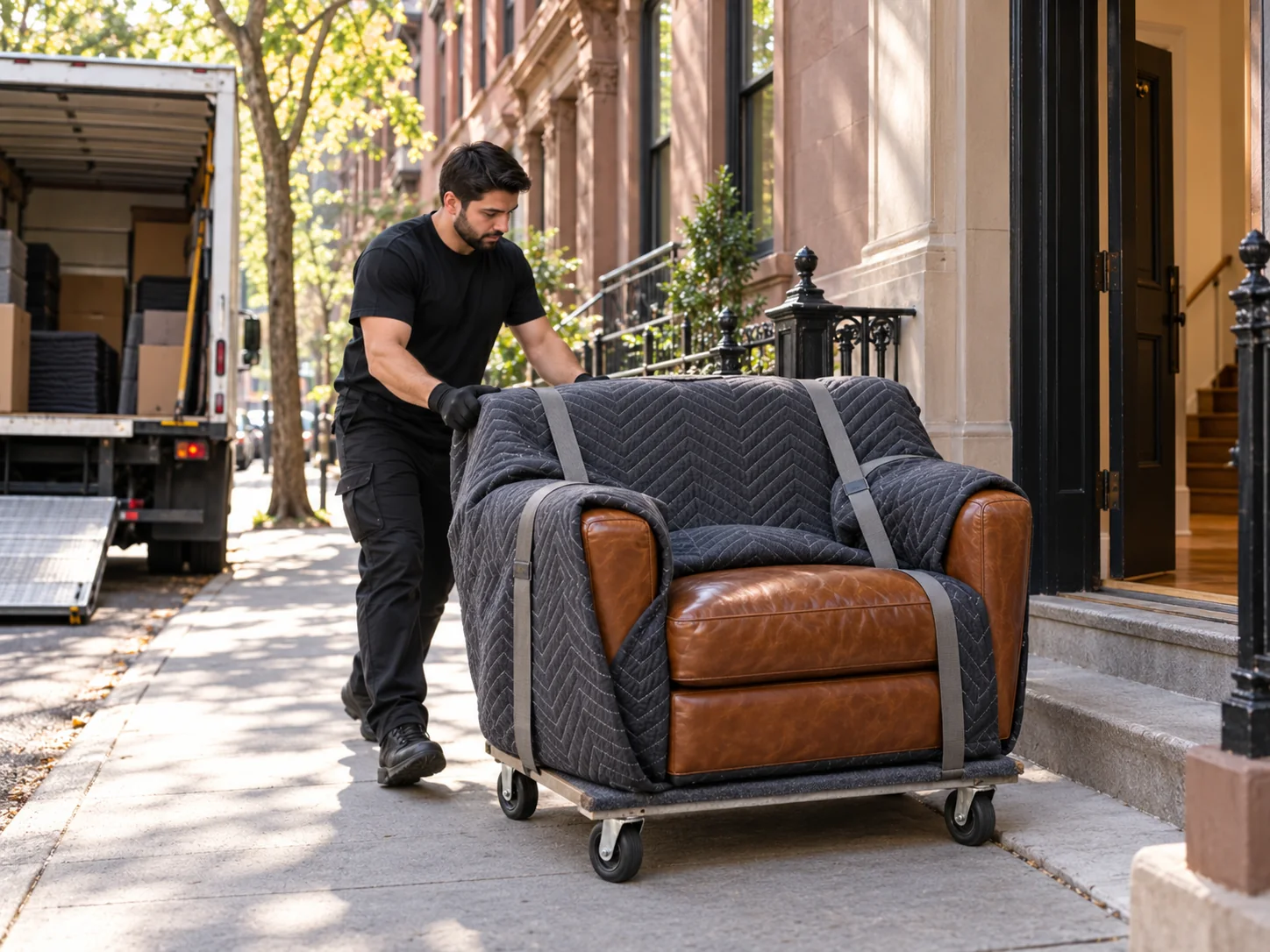 Leather chair on a dolly at the curb