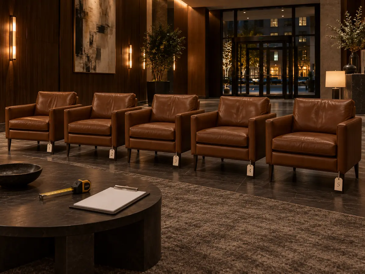 Lobby chairs with numbered grade tags tied to their legs