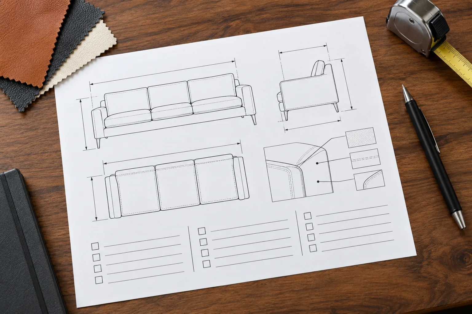 Furniture scope drawing with leather swatches and measurements