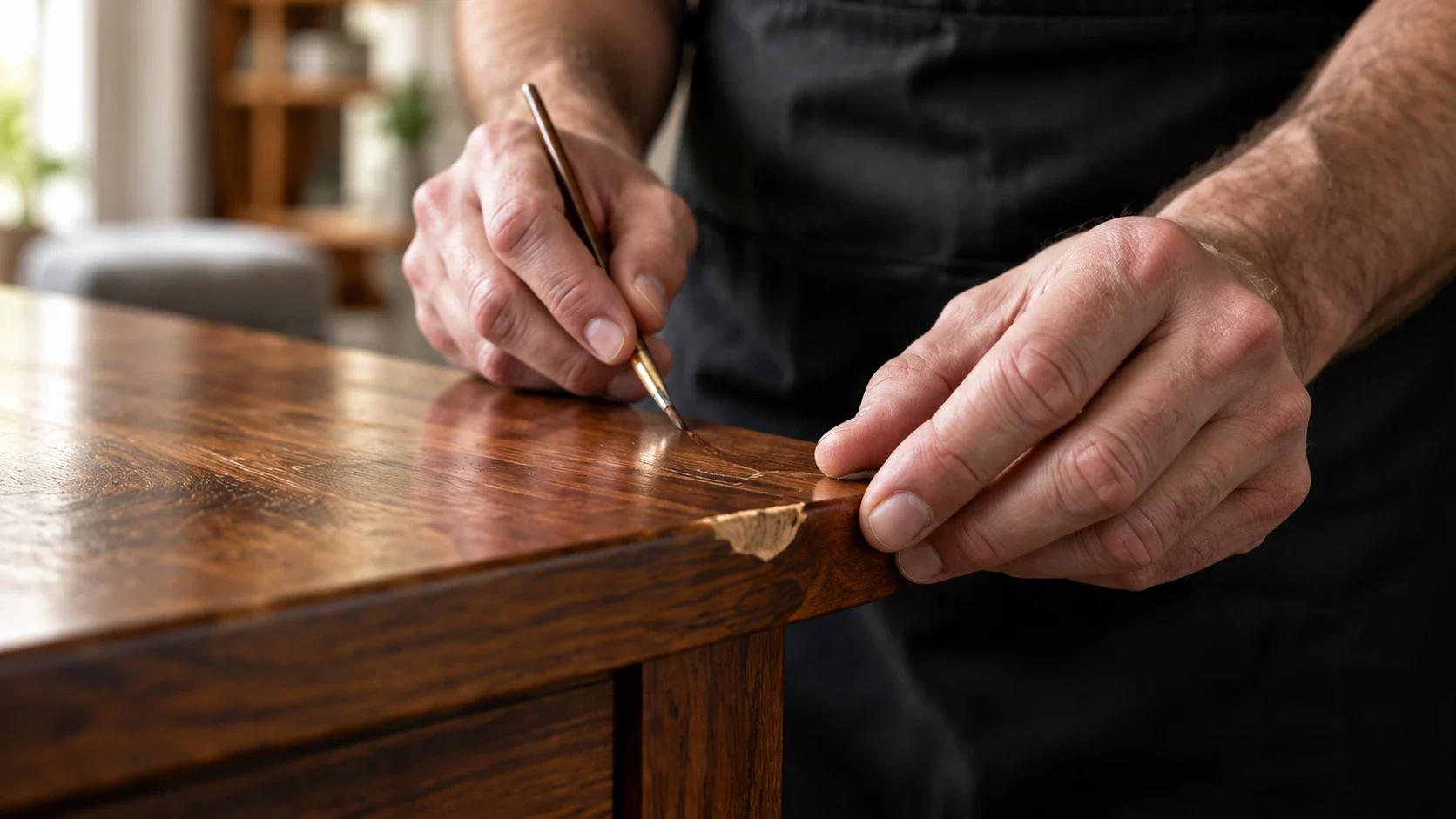 Touching up a chipped wood table corner