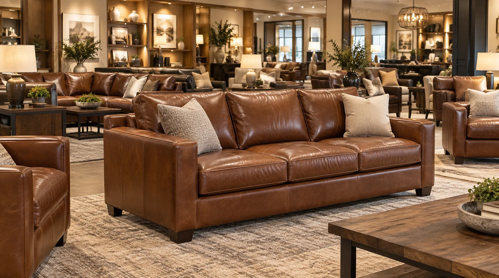 Brown leather sofa on display in a furniture showroom