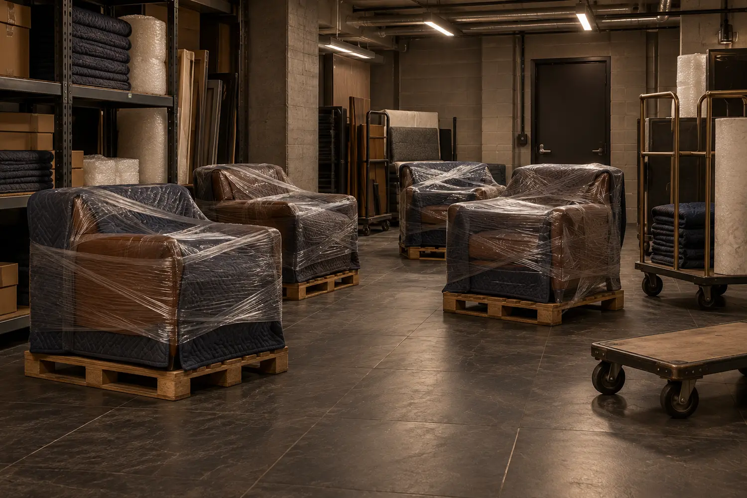 A building storage room used as a staging area, furniture wrapped and stacked on pallets