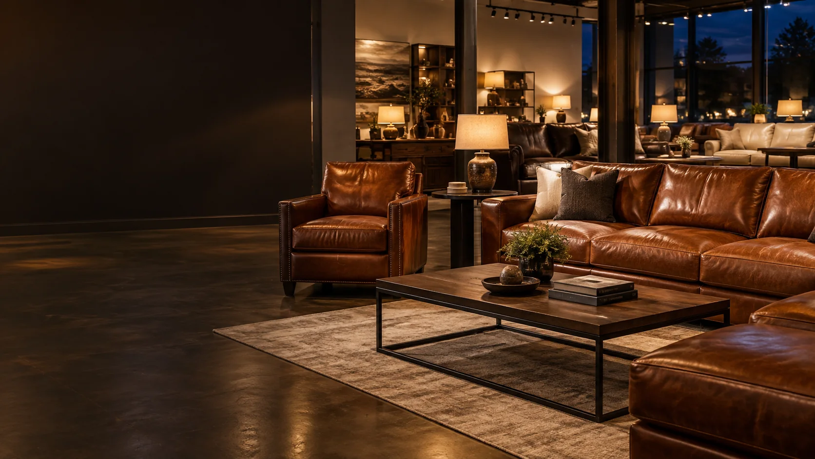 A furniture store showroom in the evening with leather sofas ready for the next day