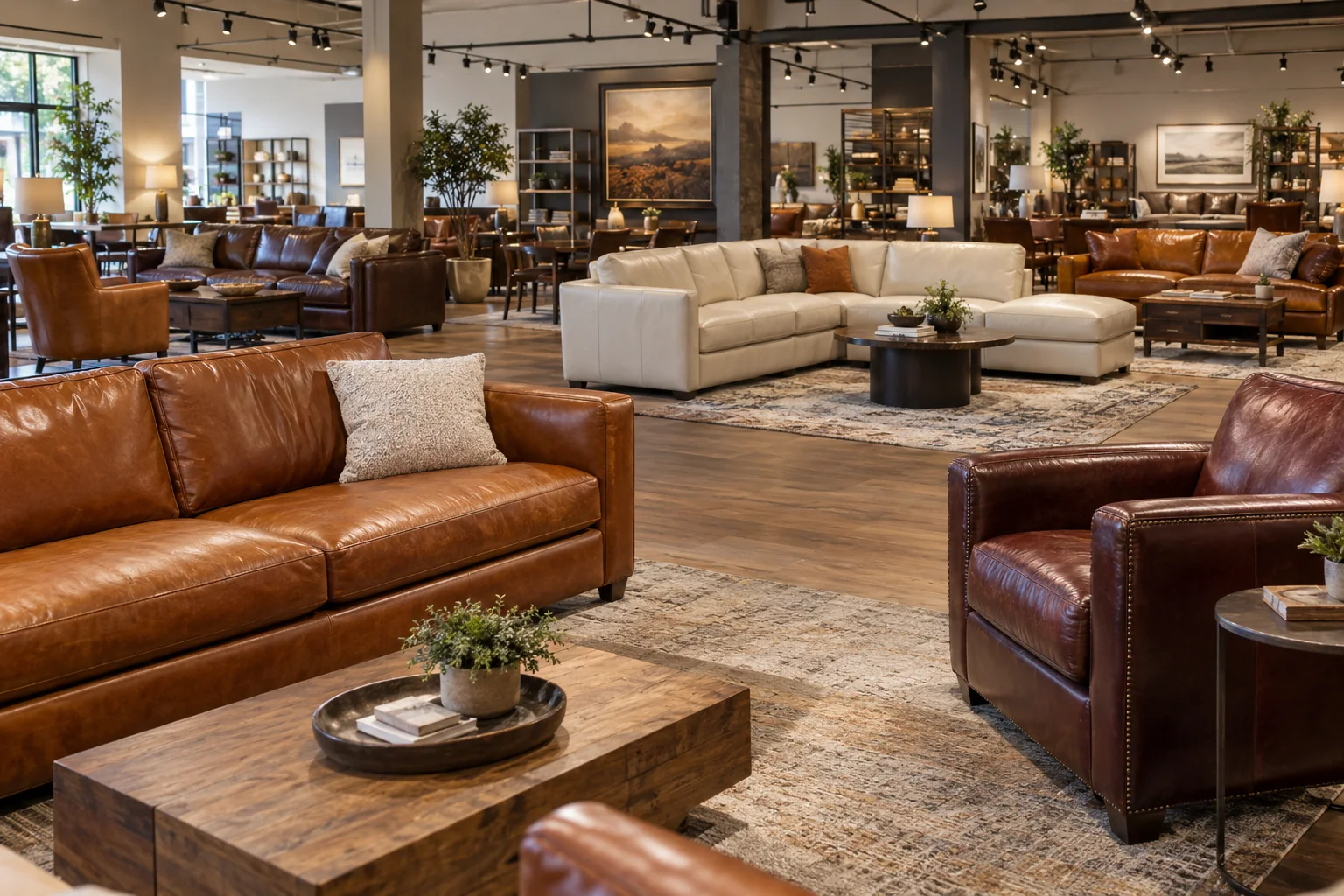 Leather sofas on a busy showroom floor