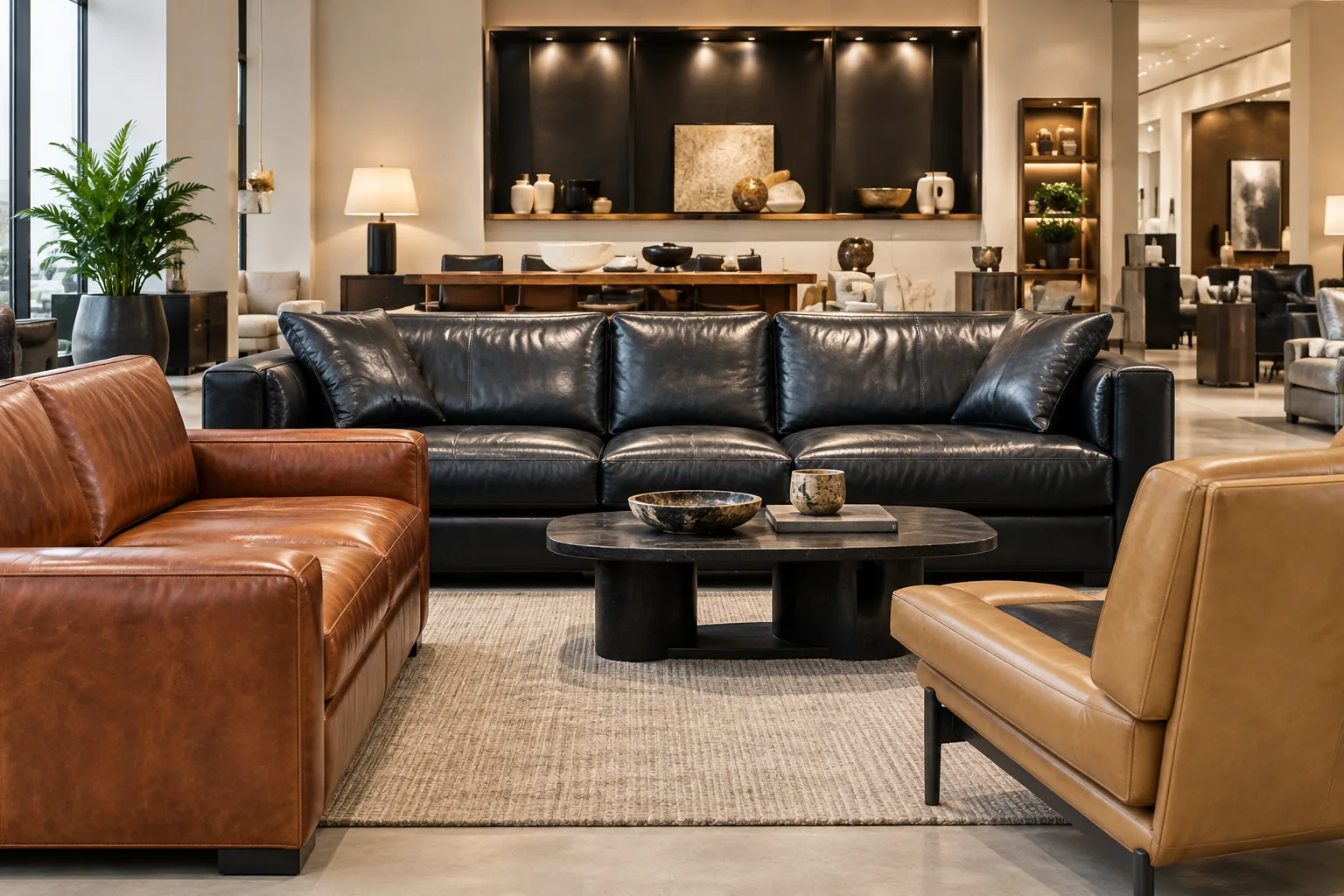 Leather sofas arranged on a furniture store sales floor