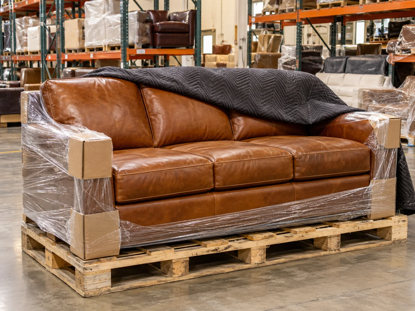 Leather sofa wrapped for moving