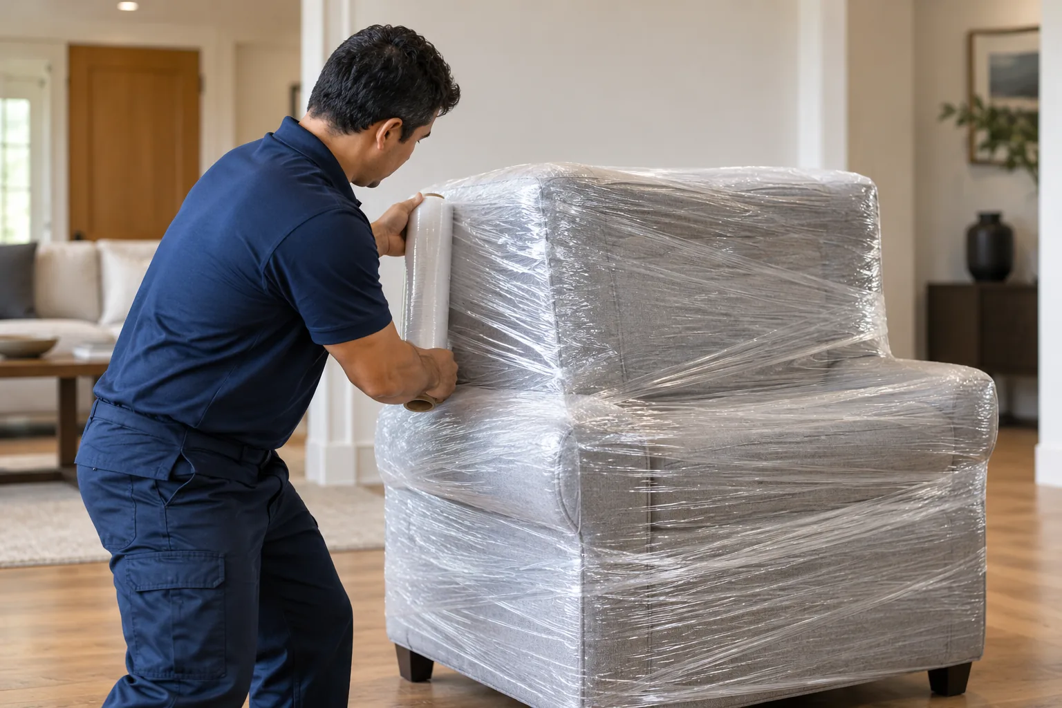 Armchair wrapped in protective film before transport