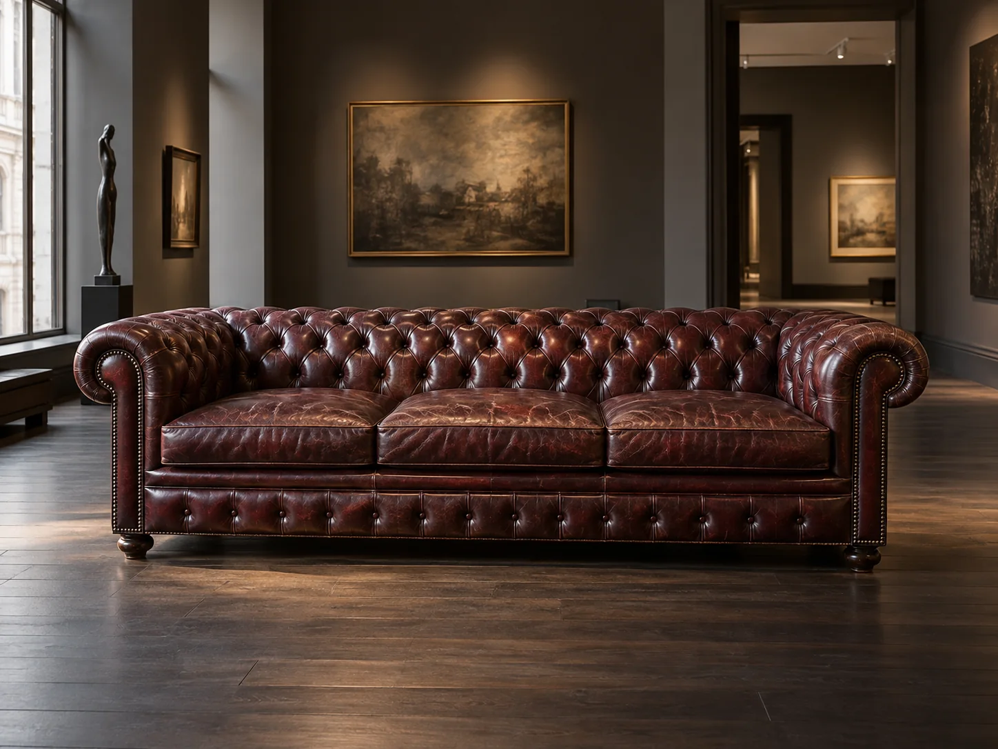 A gallery showroom with an antique leather sofa