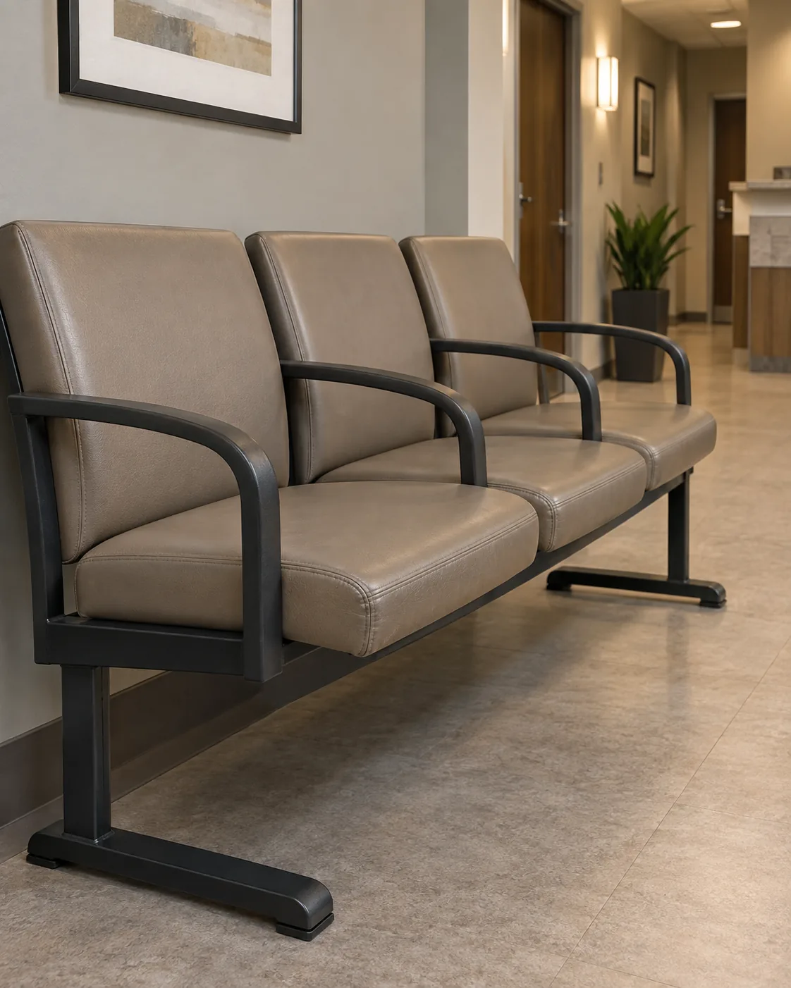 Three-seat ganged beam seating in taupe vinyl