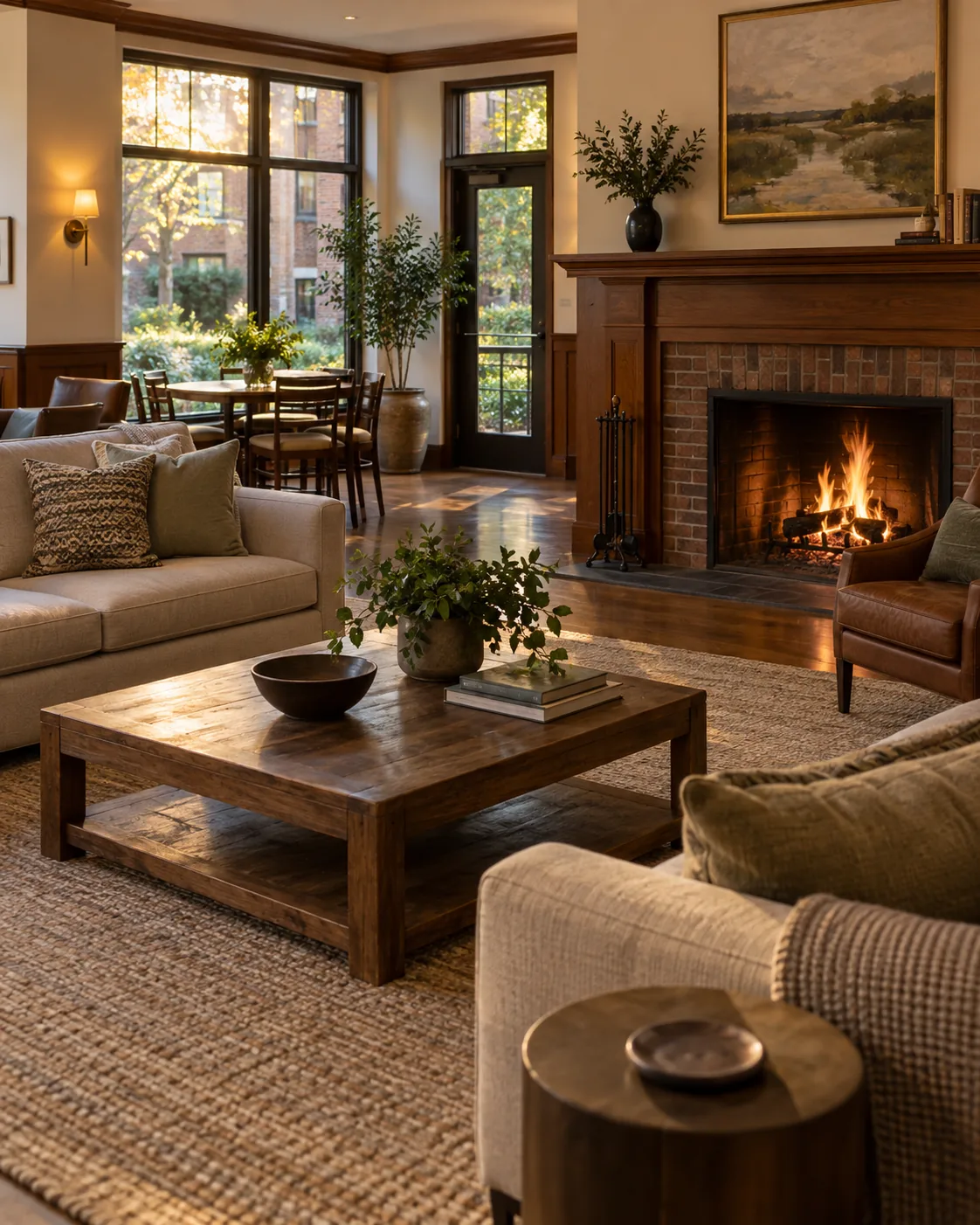A garden apartment complex clubhouse with sofas