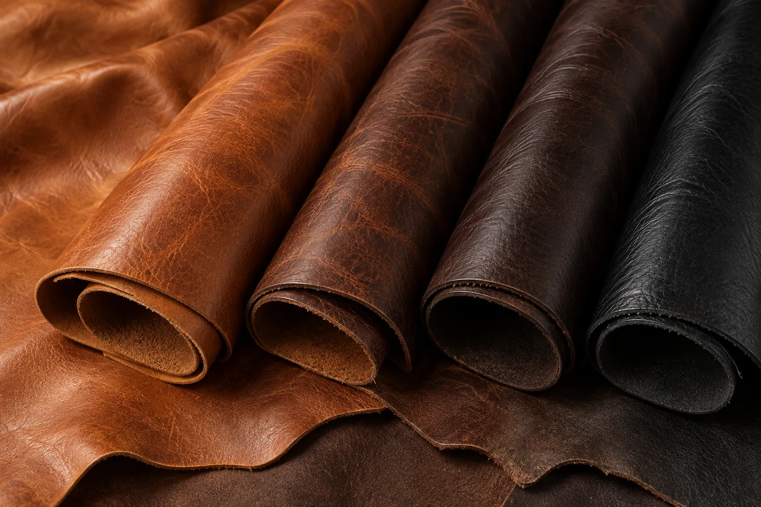 Rolled leather hides in tan, brown and black