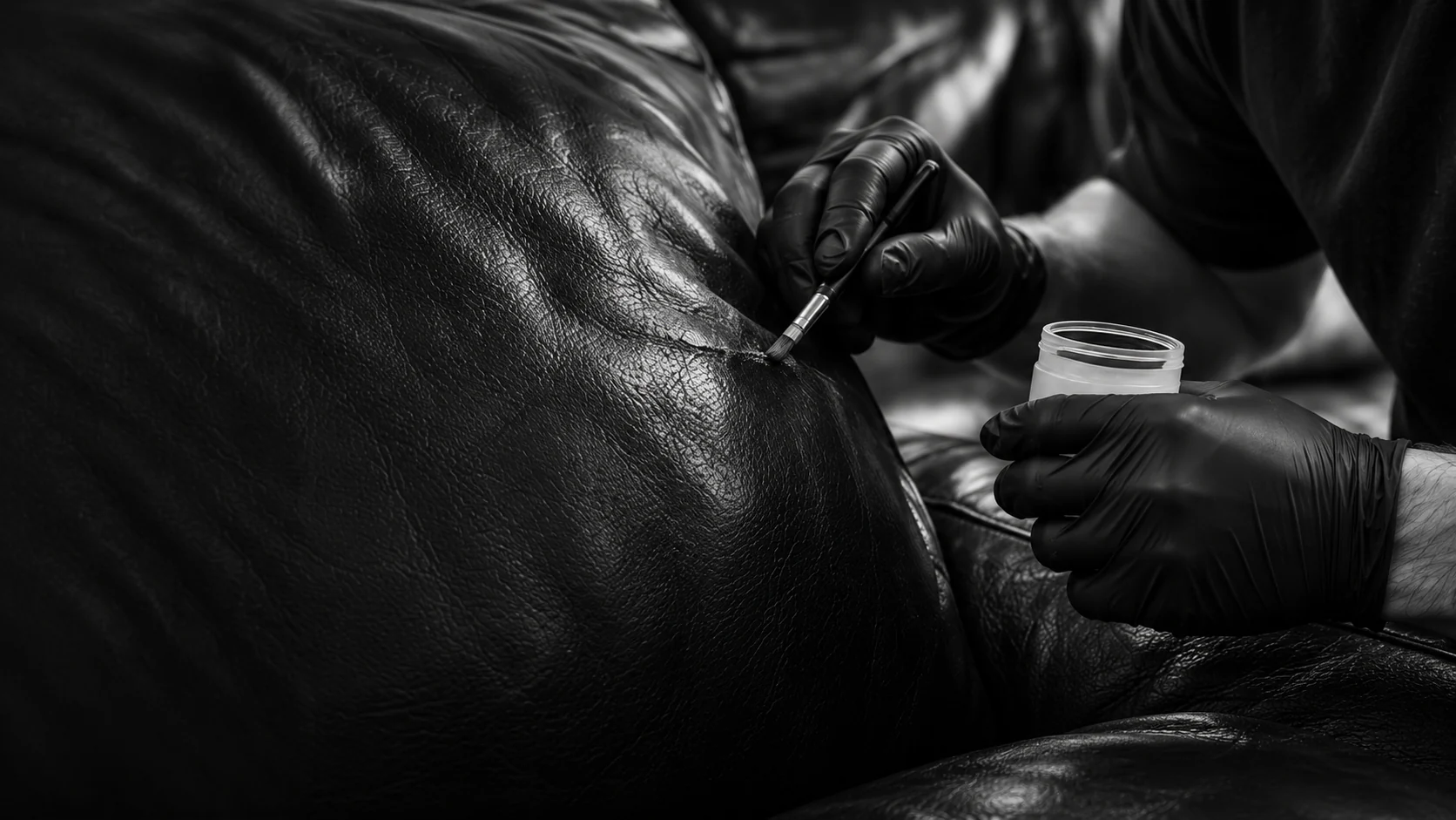 Finish applied to the inside back of a black leather sofa