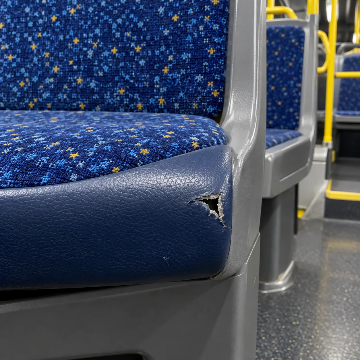 A gouge punched through bus seat vinyl