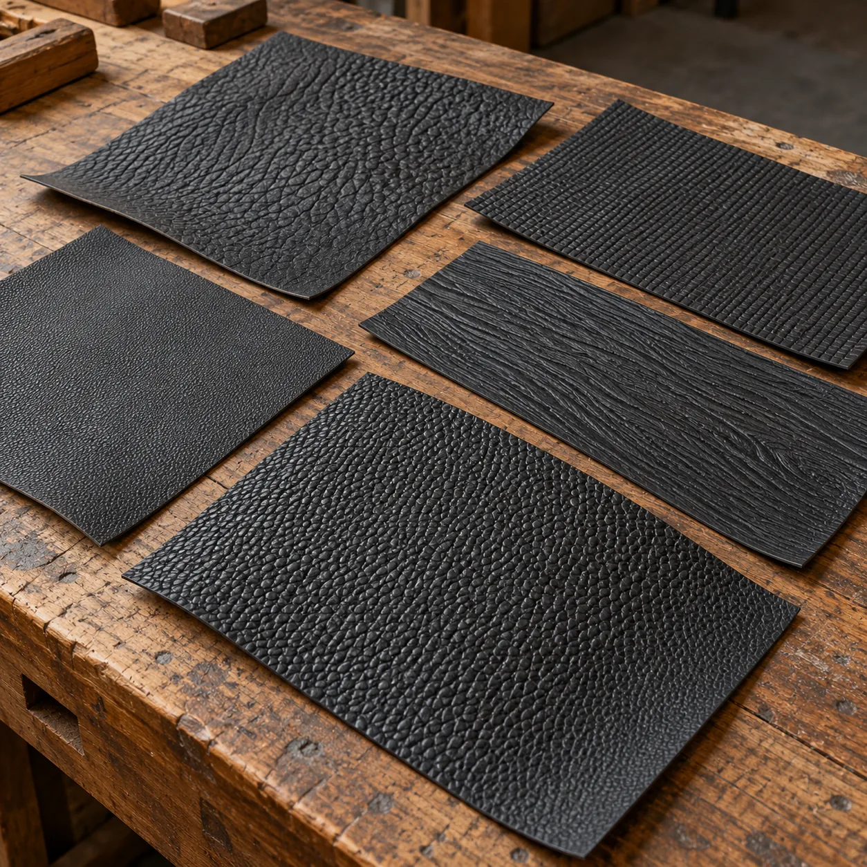 Grain texture pads laid out on a bench
