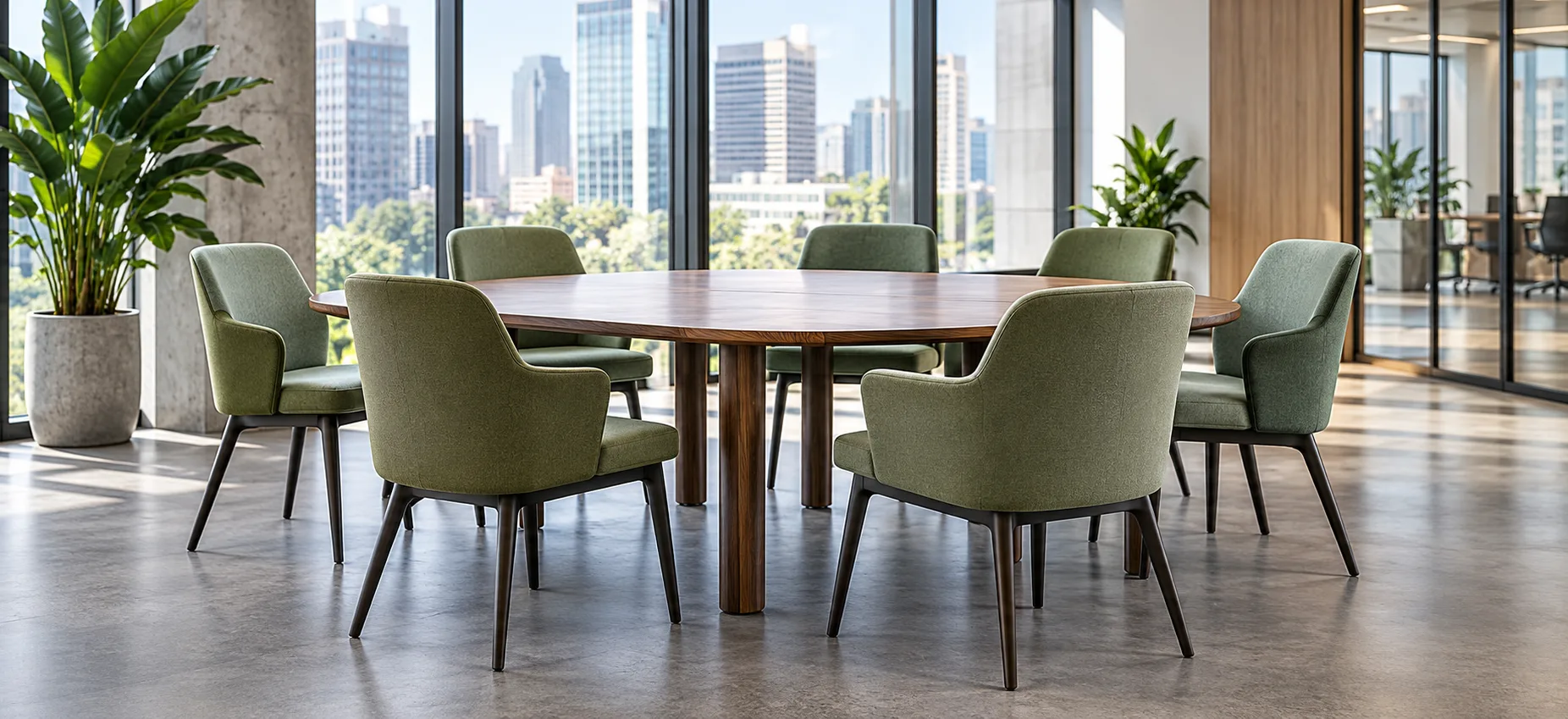 Green fabric meeting chairs around a round table by a window