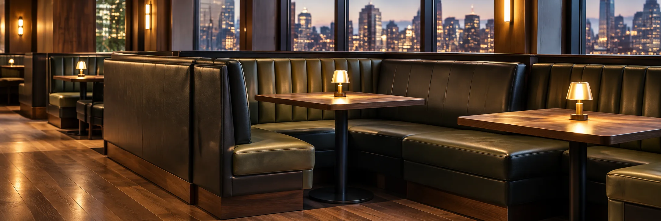 A green leather banquette run beside a city window