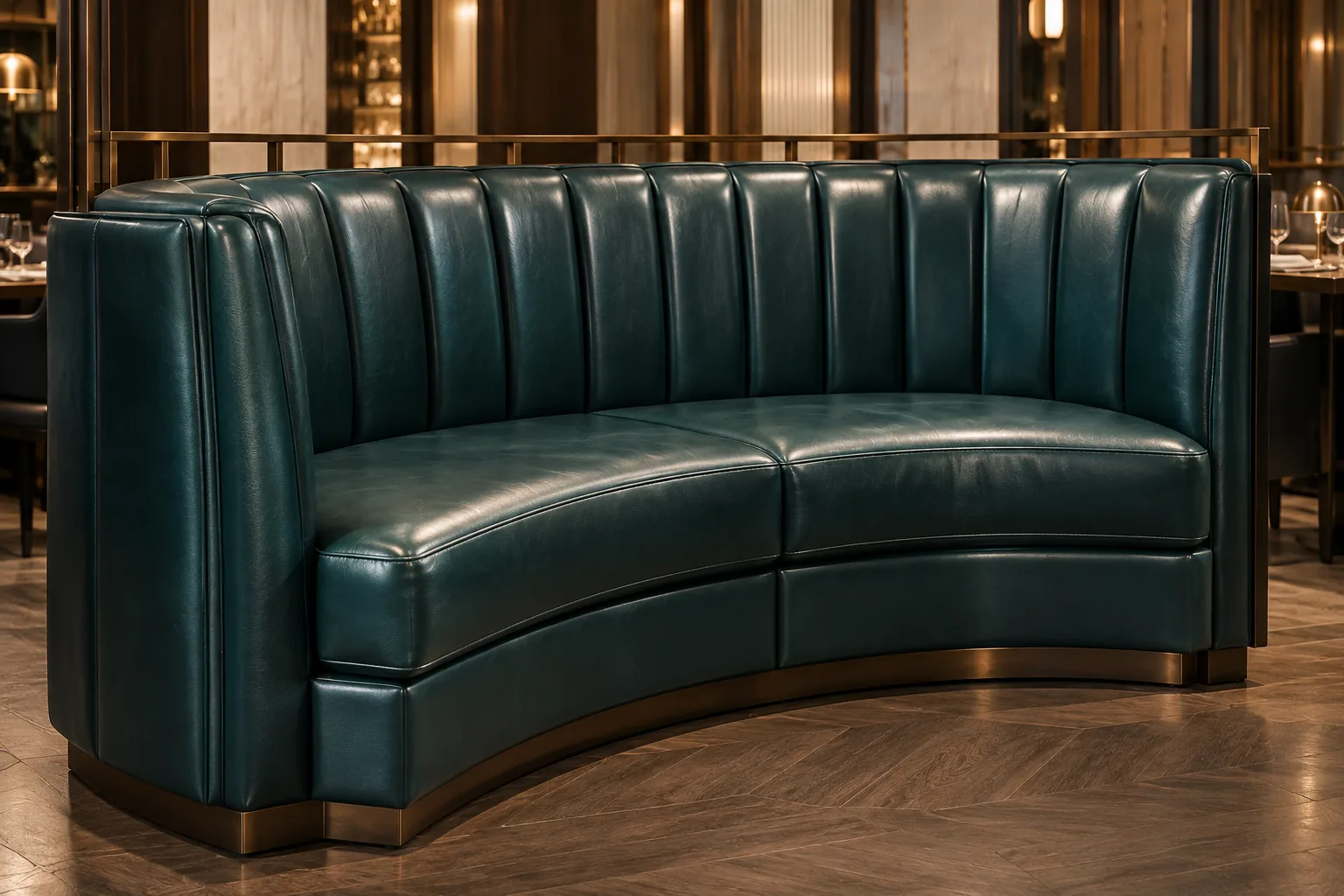 Curved green leather banquette made to a designer drawing