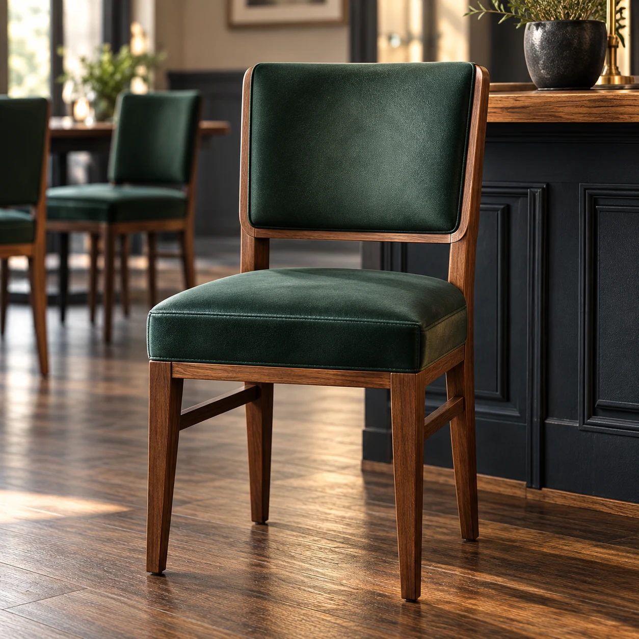 Green leather dining chair with an exposed walnut frame in a restaurant