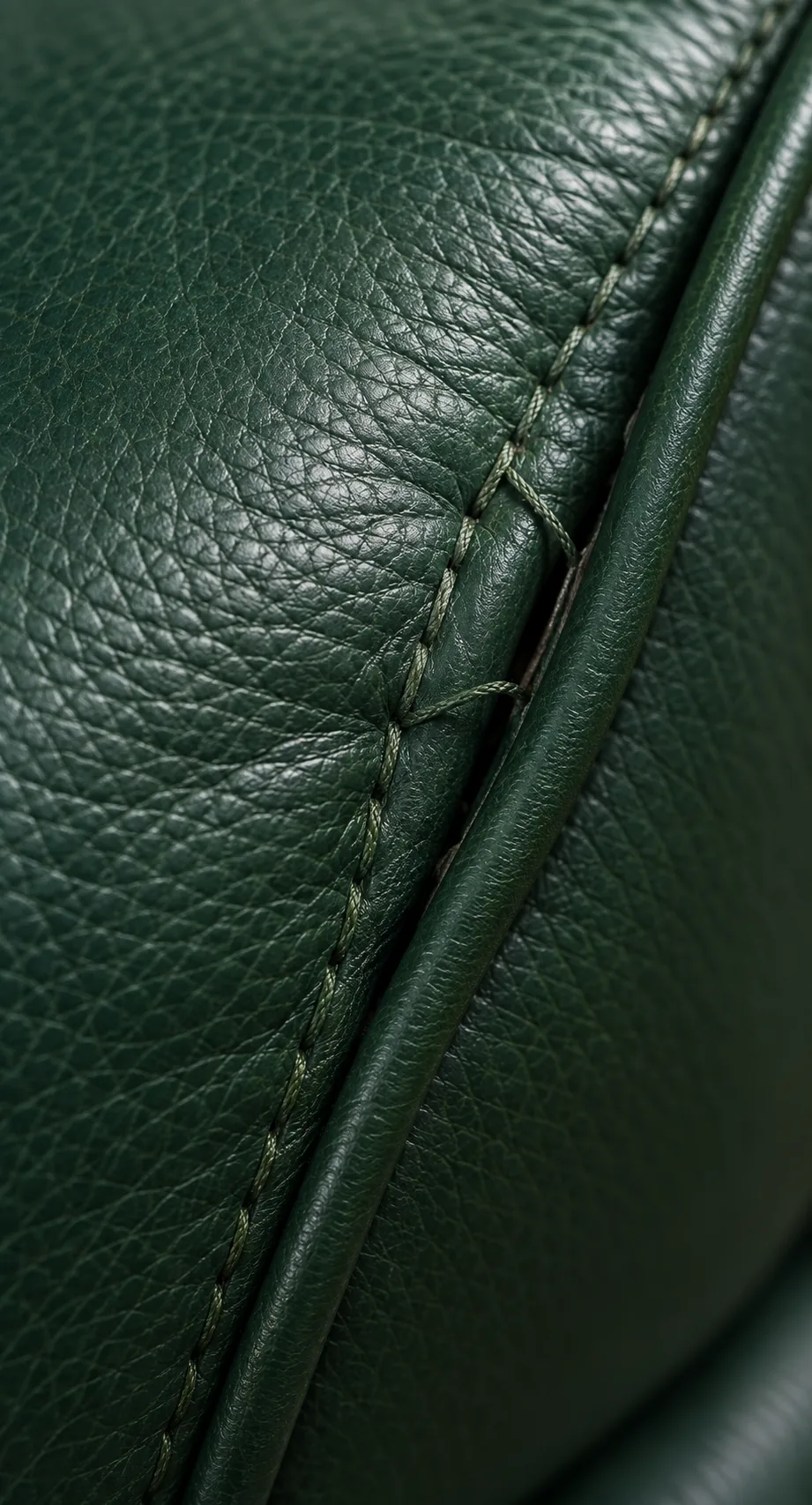 Close-up of a loose seam on green leather