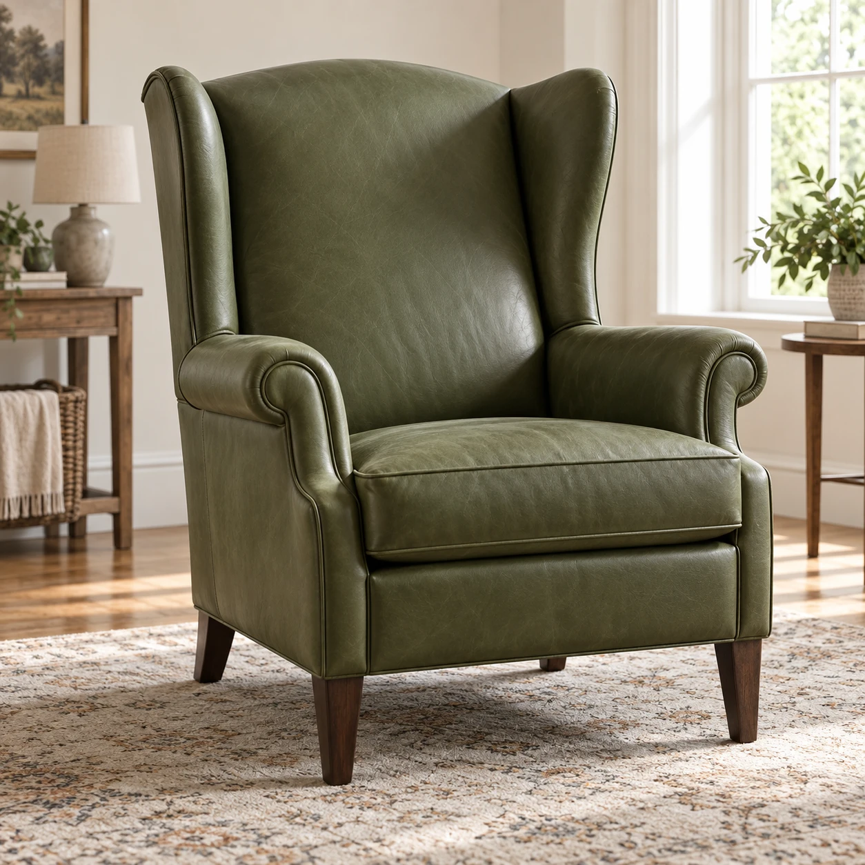 Green leather wingback chair