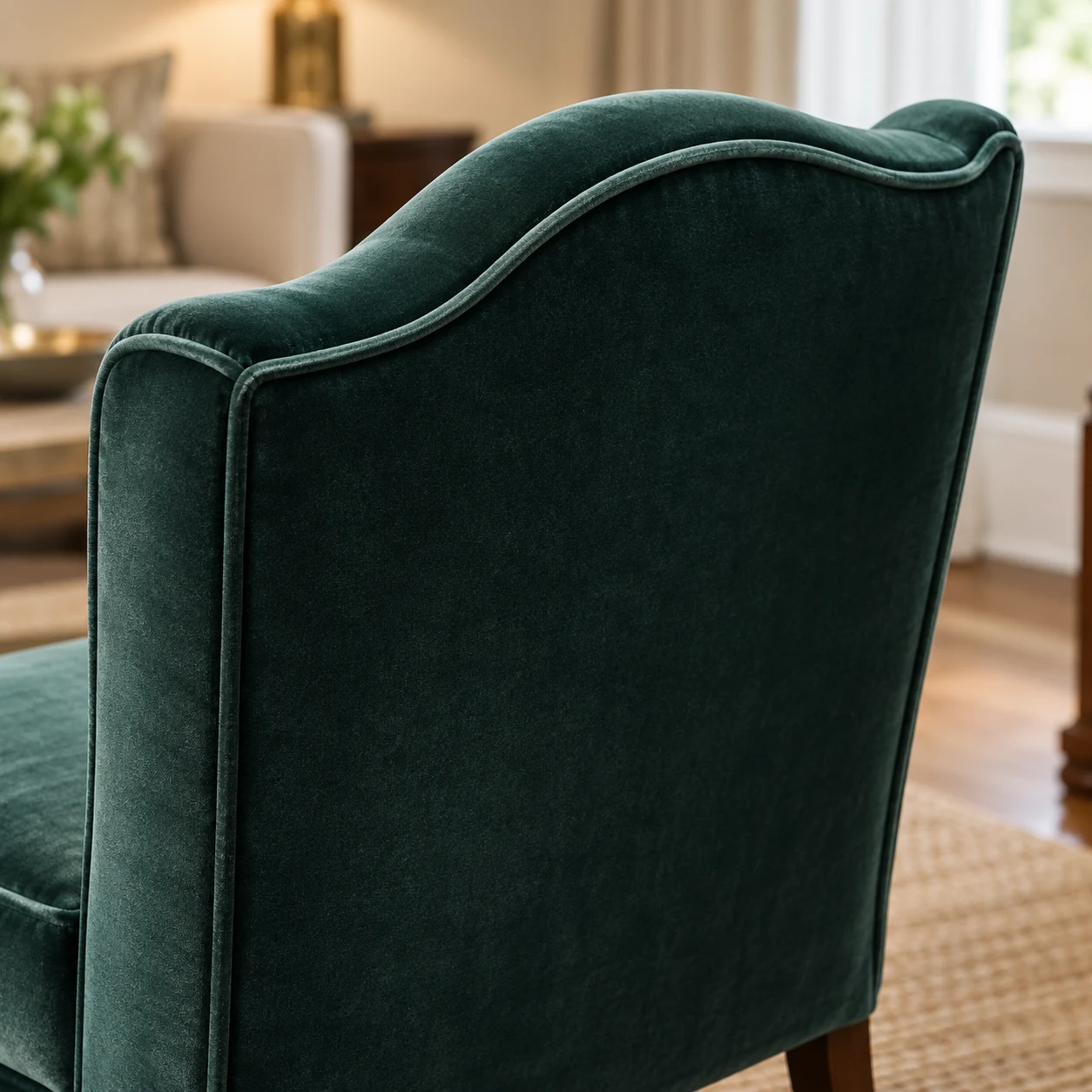Green velvet chair back panel with a welted seam running around the camel back