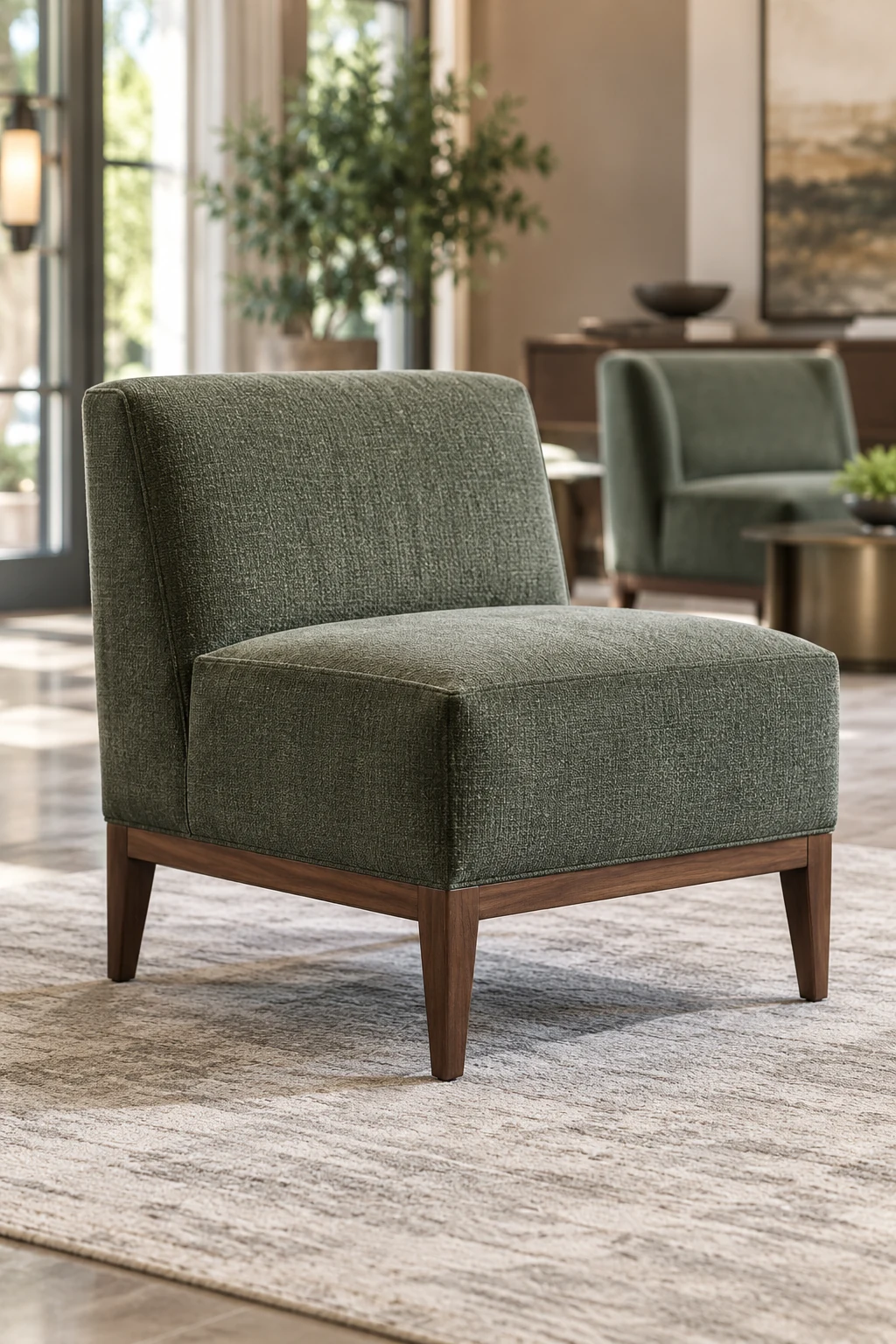 Green woven fabric armless slipper chair on a wood plinth base
