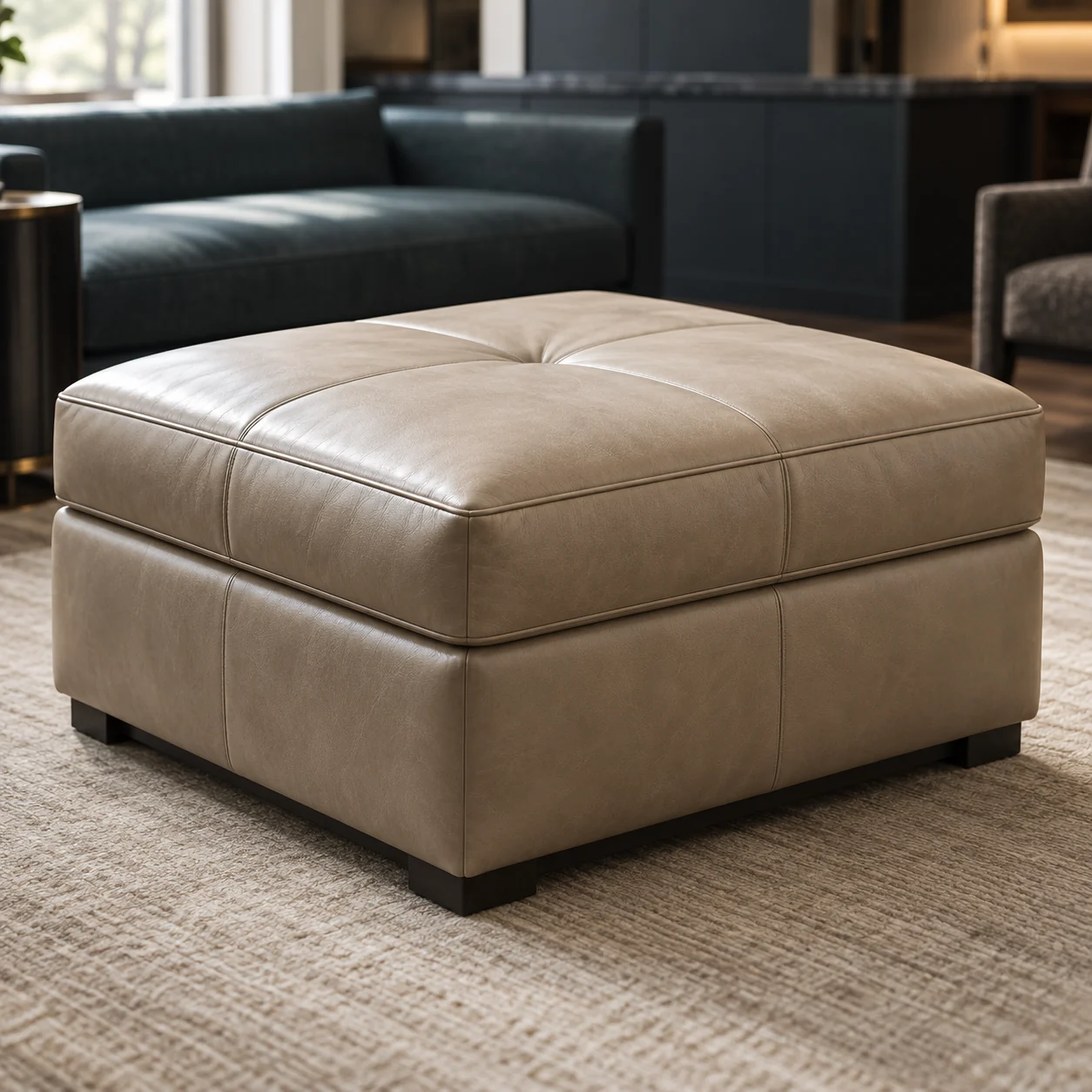 A greige leather square ottoman in a dark modern interior