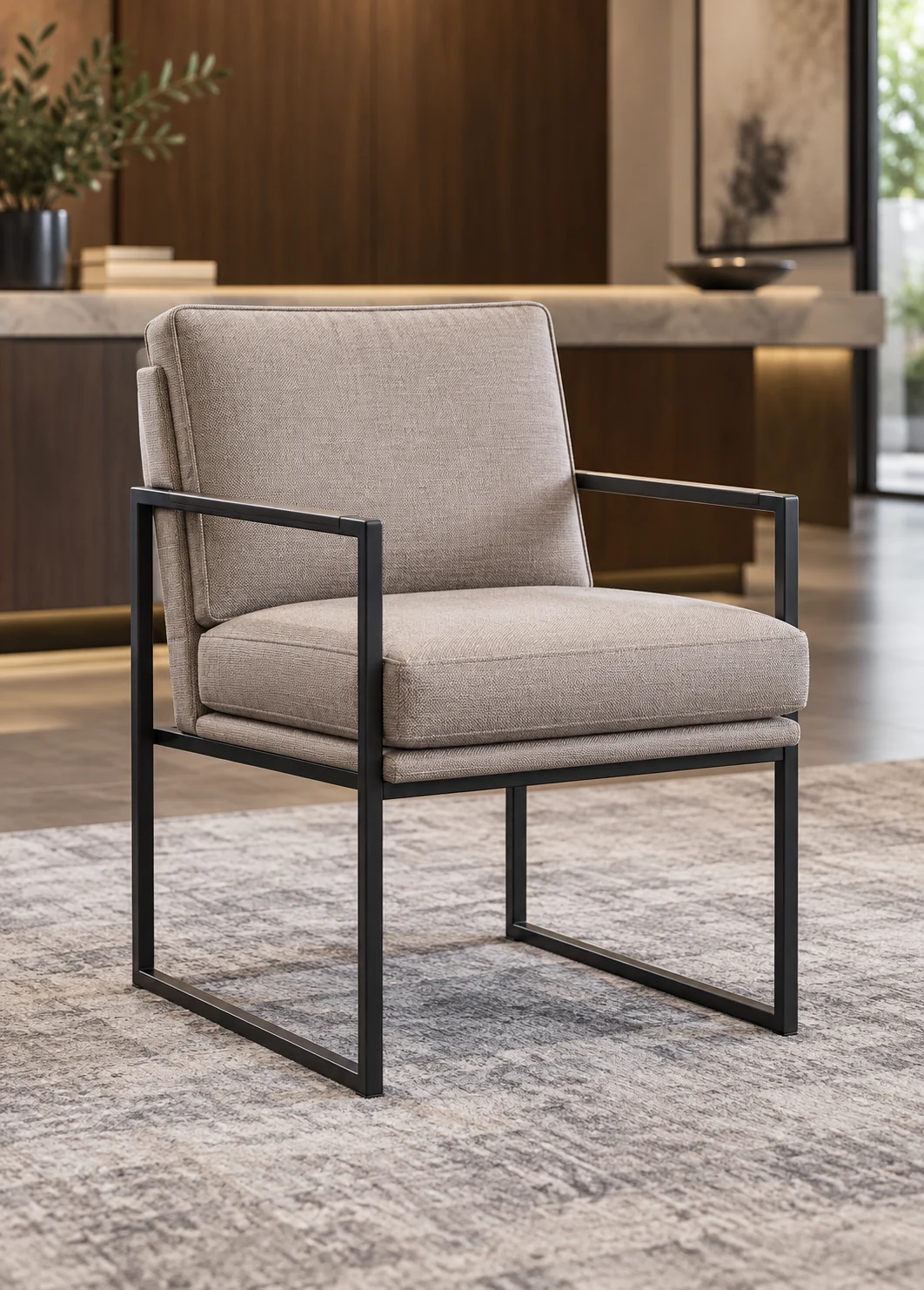 Greige woven fabric chair suspended in a slim black metal frame