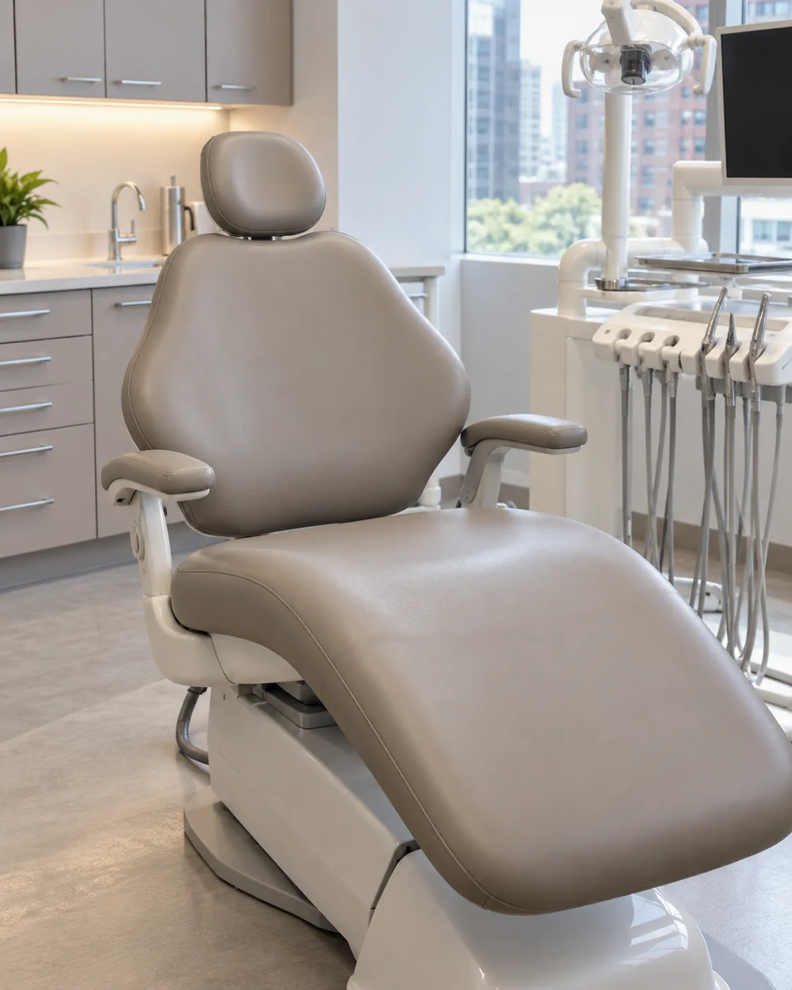 A grey dental chair with a contoured headrest
