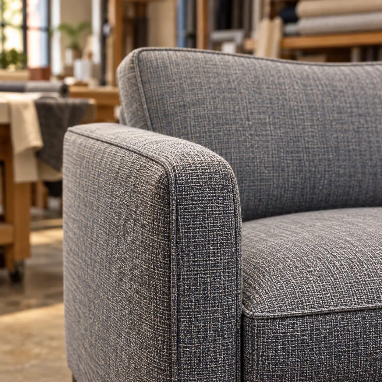 Grey fabric armchair after full reupholstery