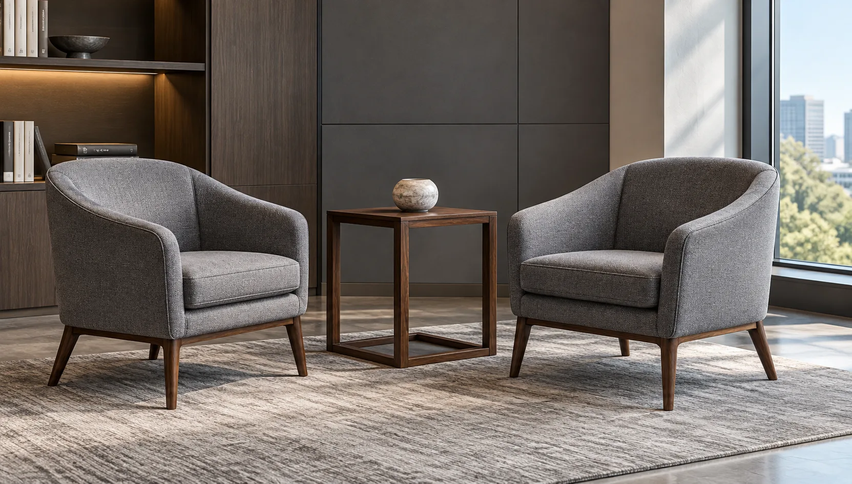 Two grey fabric lounge chairs either side of a walnut side table