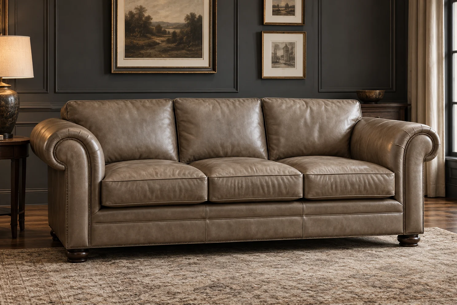 Grey leather rolled-arm sofa in a dark panelled room