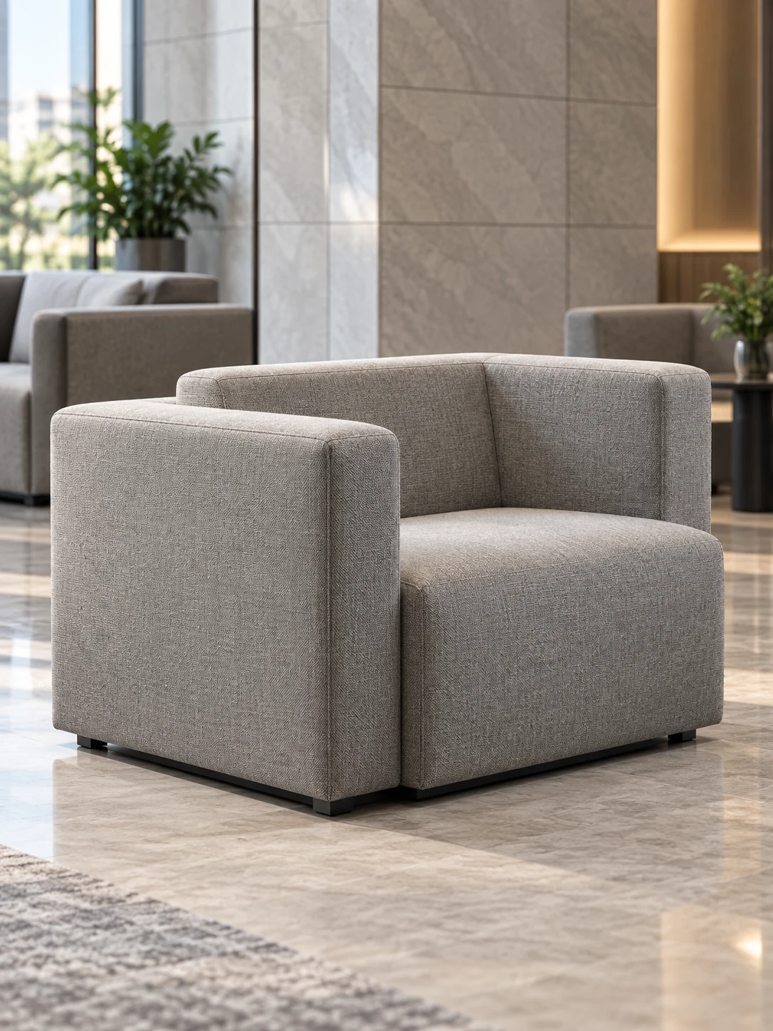 Grey woven fabric boxy lounge chair with square track arms