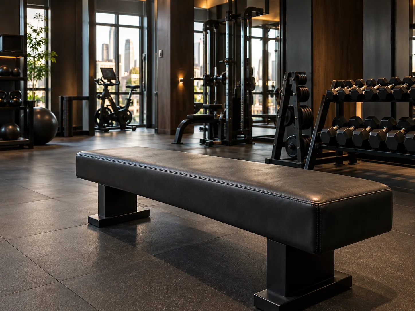 A black vinyl bench in a residential building gym