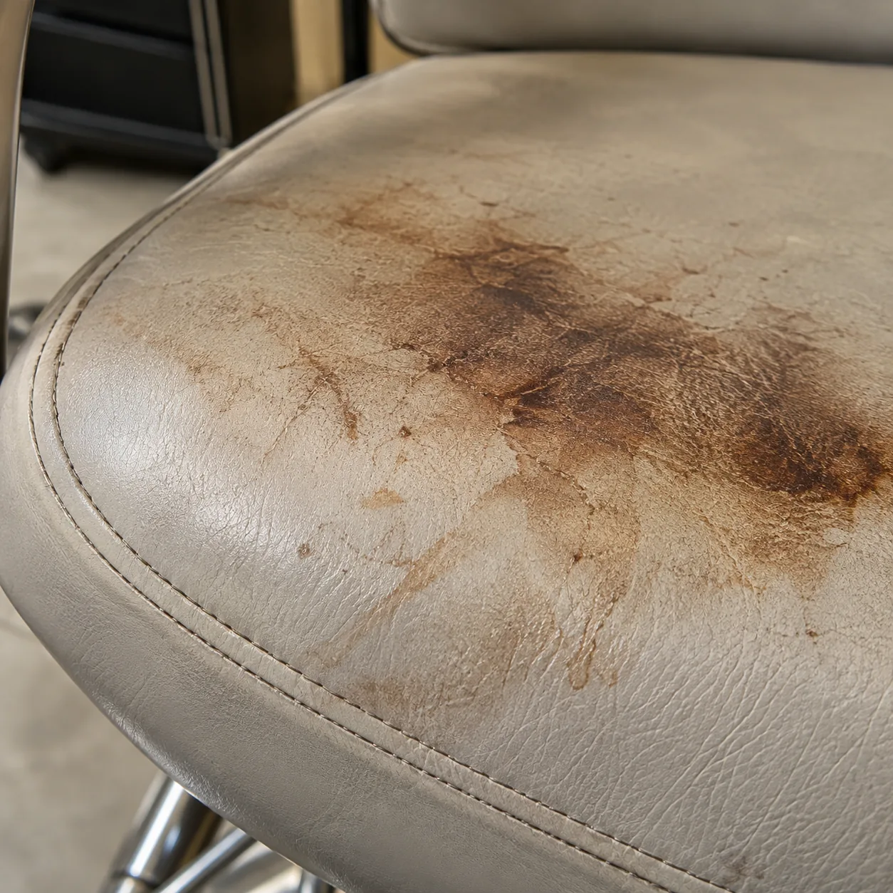 Hair color stains soaked into pale salon chair vinyl