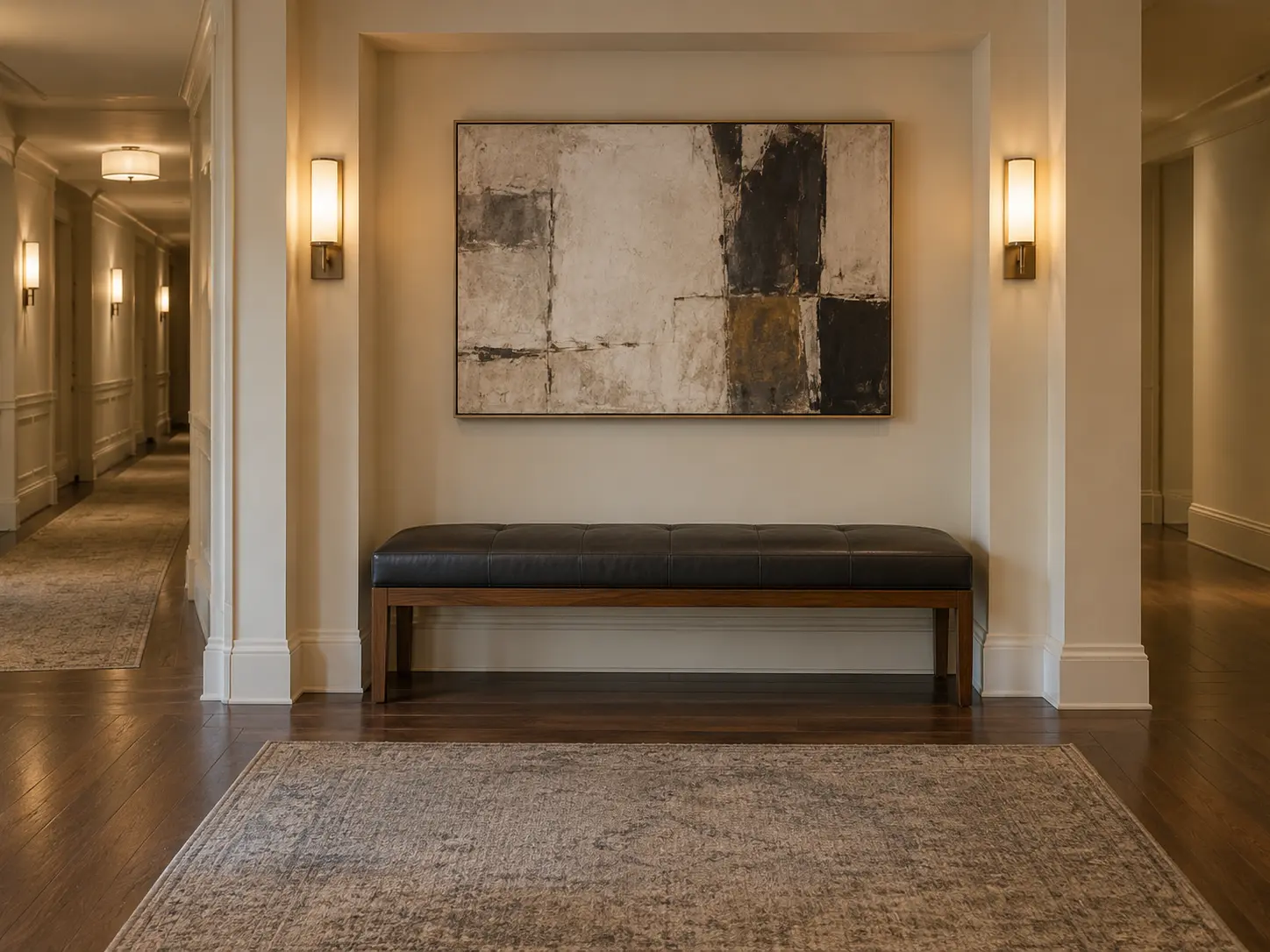 An upholstered bench in a building hallway seating niche