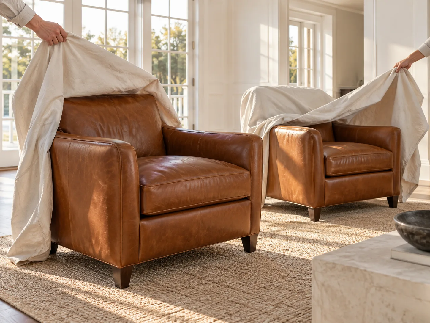 Leather chairs uncovered in a Hamptons house at the start of the season