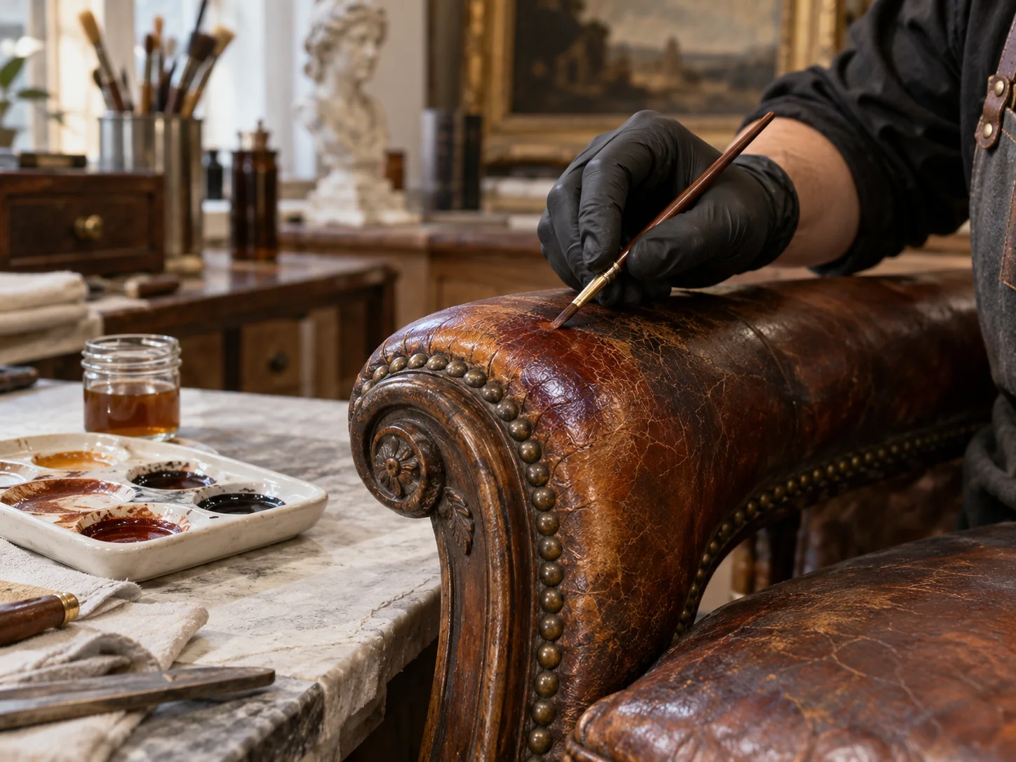 A restorer hand-coloring antique leather in thin translucent layers