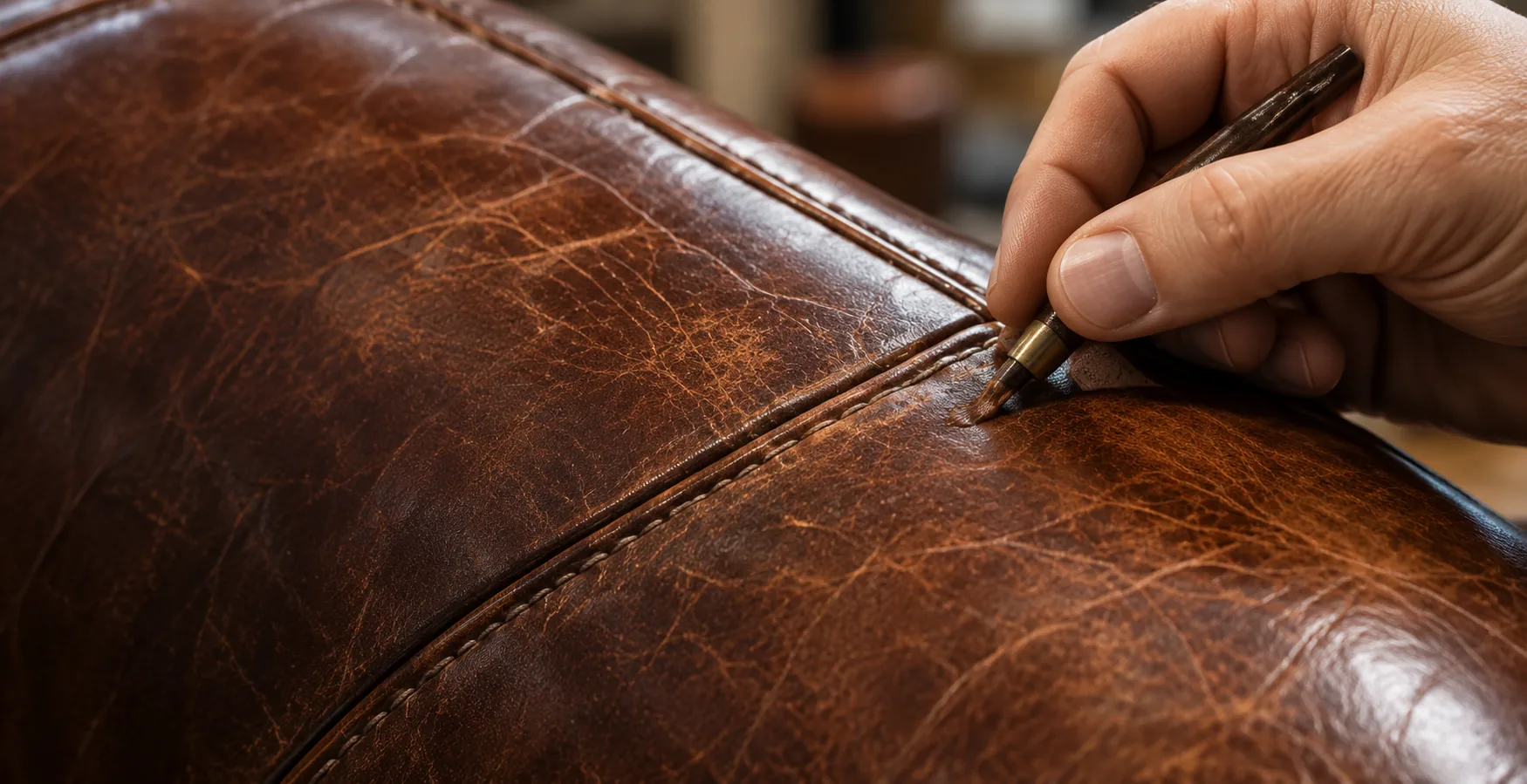 A hand restoring the finish on antique leather