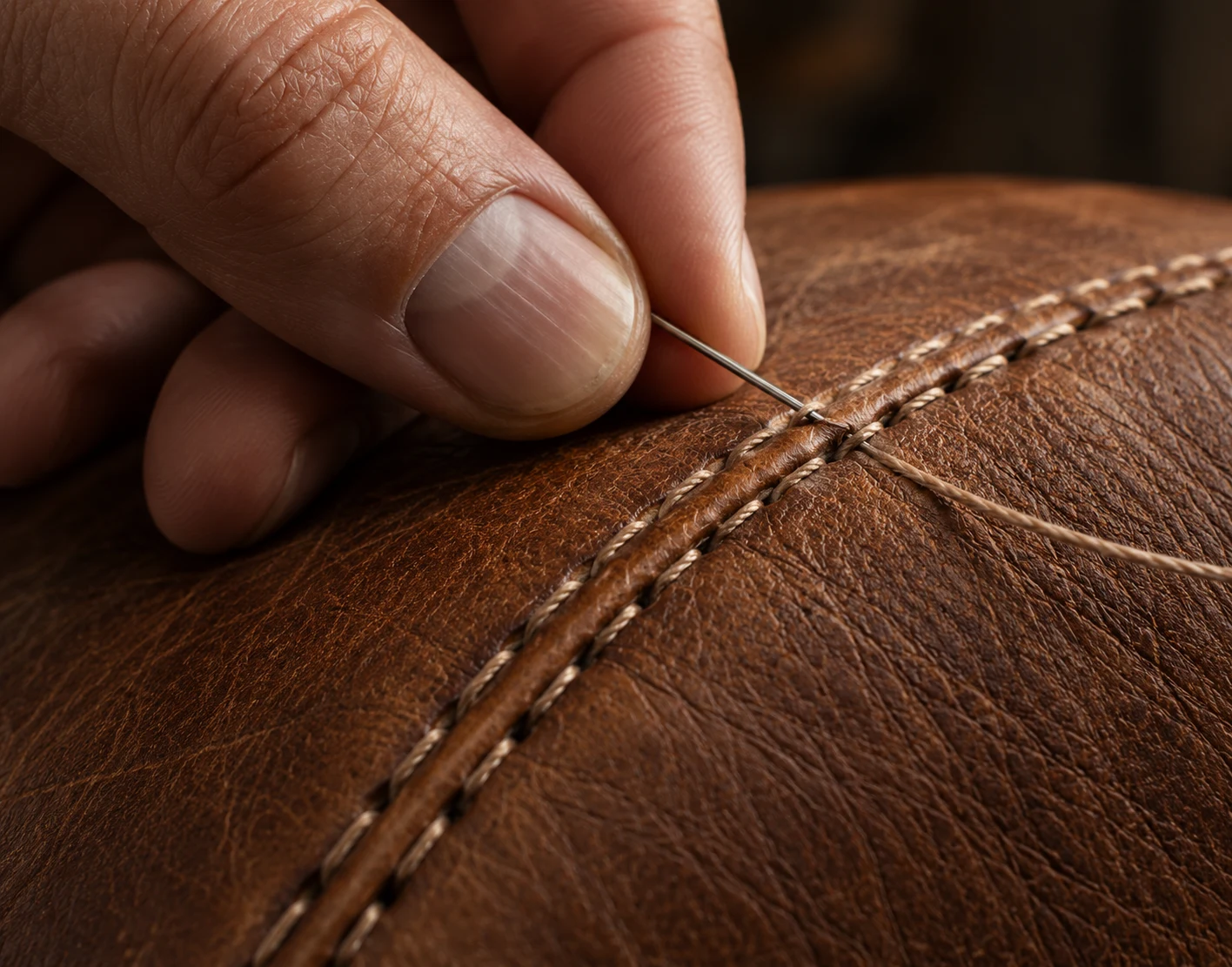 Hand stitching a leather seam with a curved needle