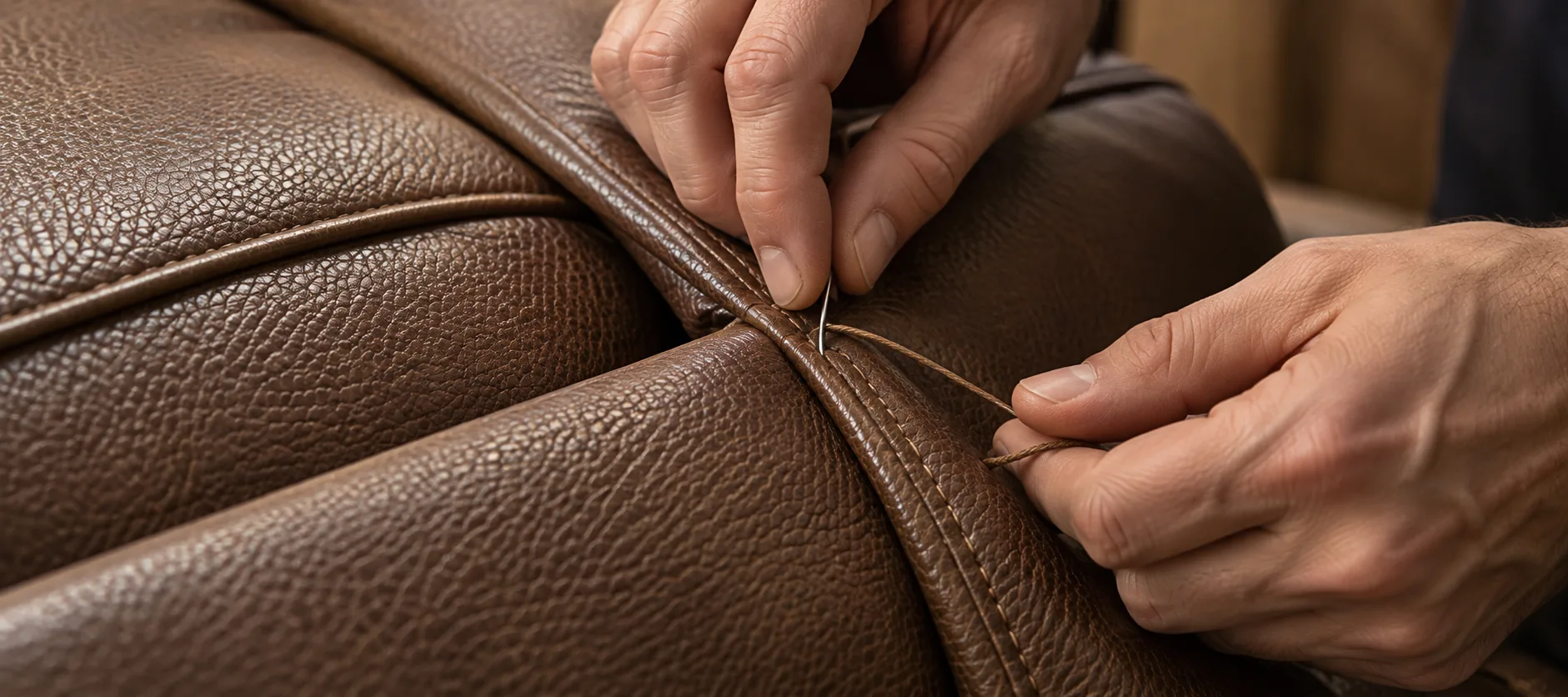 Two hands stitching a leather seam with a curved needle and thread